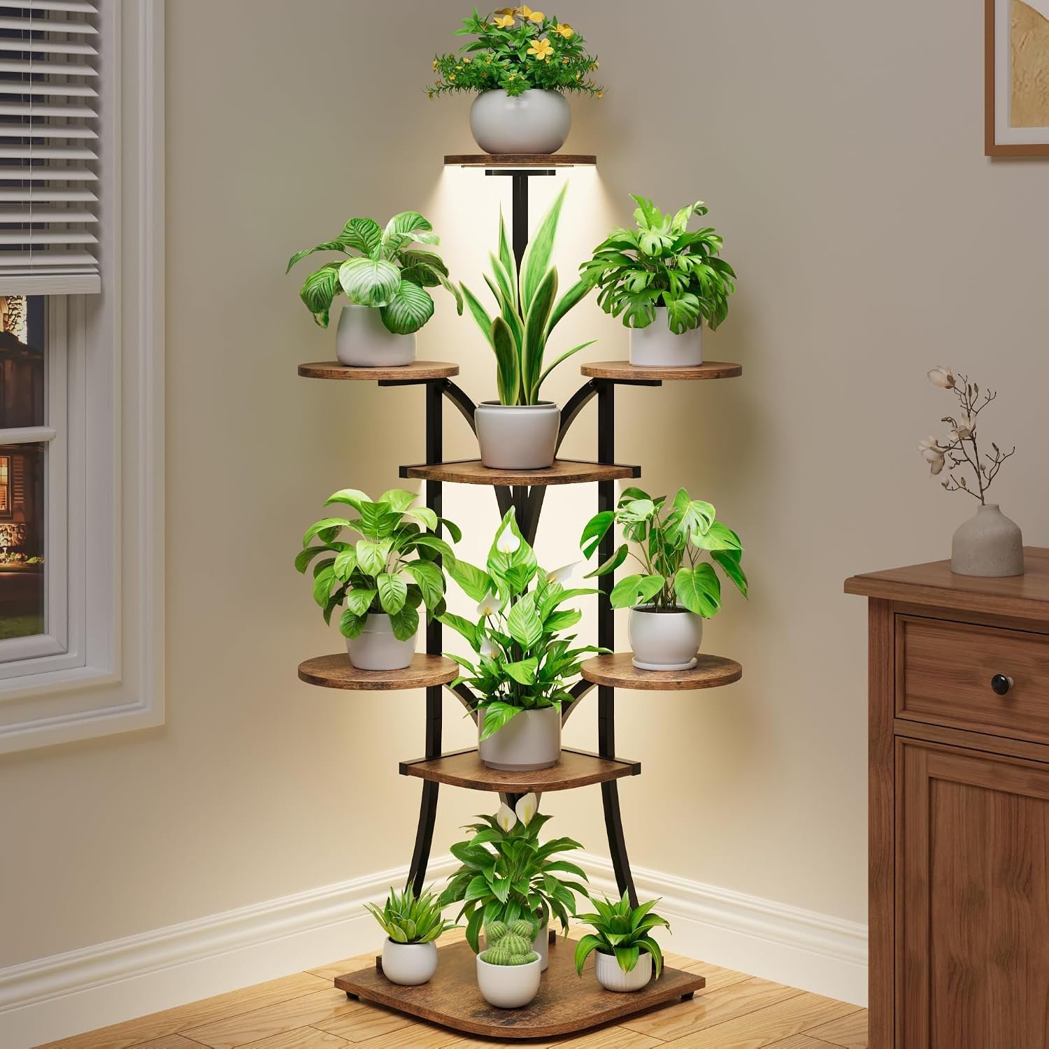 LATIBELL Corner Plant Stand with Grow Light, Brown, 48″ 8 Tier