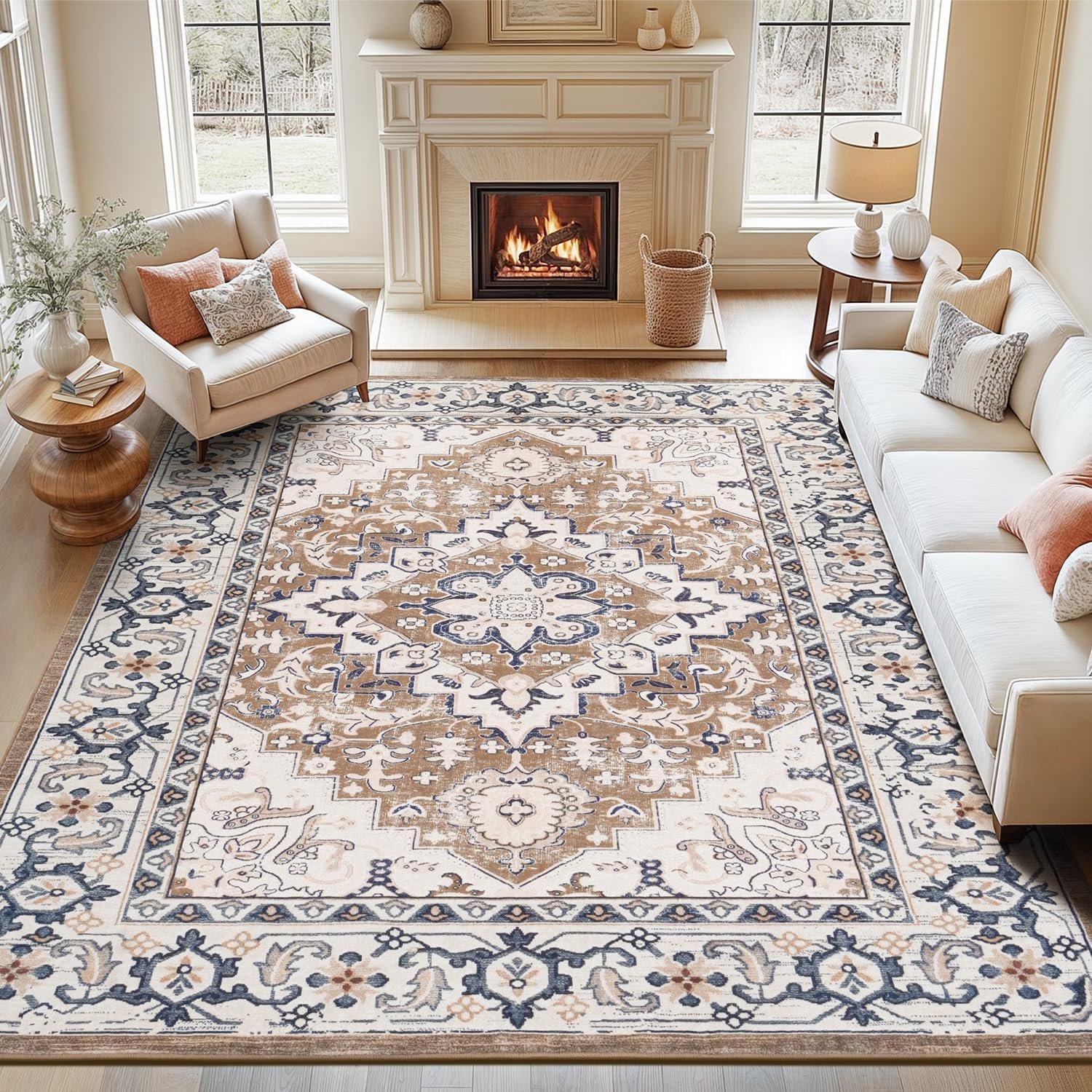 Lofus 8×10 Area Rugs for Living Room Bedroom, Soft Boho Carpet Floral Brown