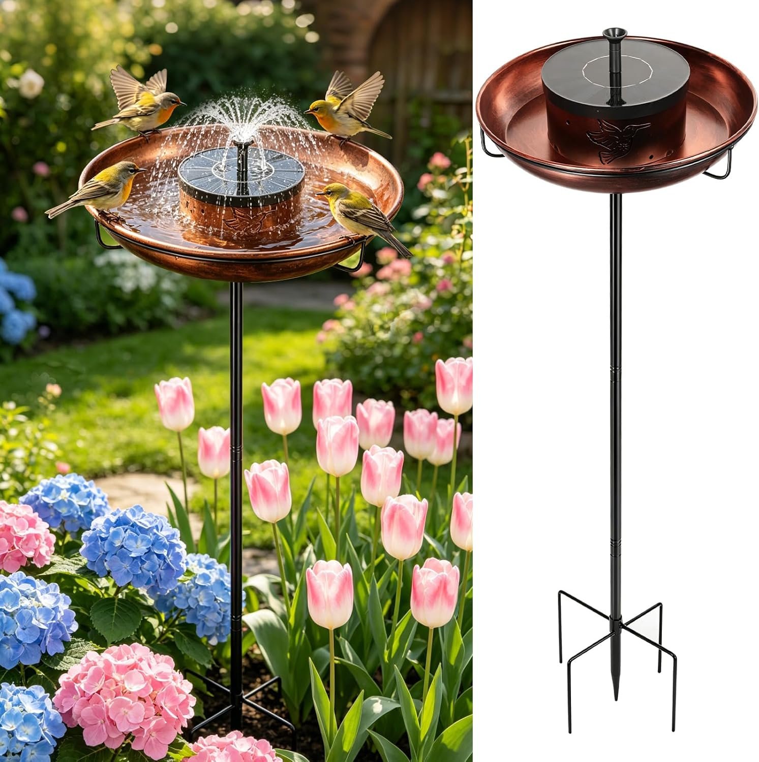 Metal Bird Bath with Solar Fountain, 38.8″ Standing Bird Bath