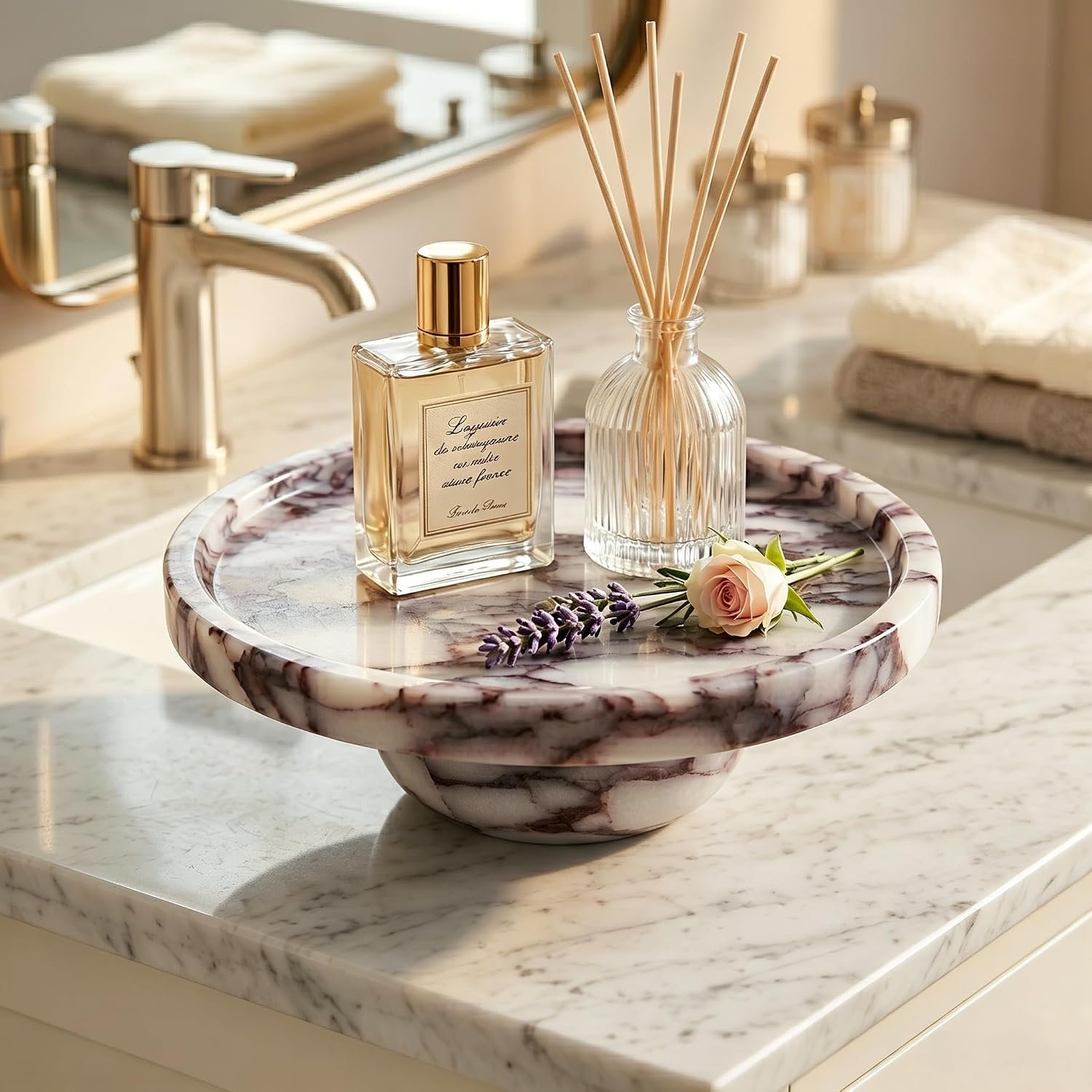 Marble Decorative Tray, 7″ Round Marble Tray with Legs, Calacatta Viola
