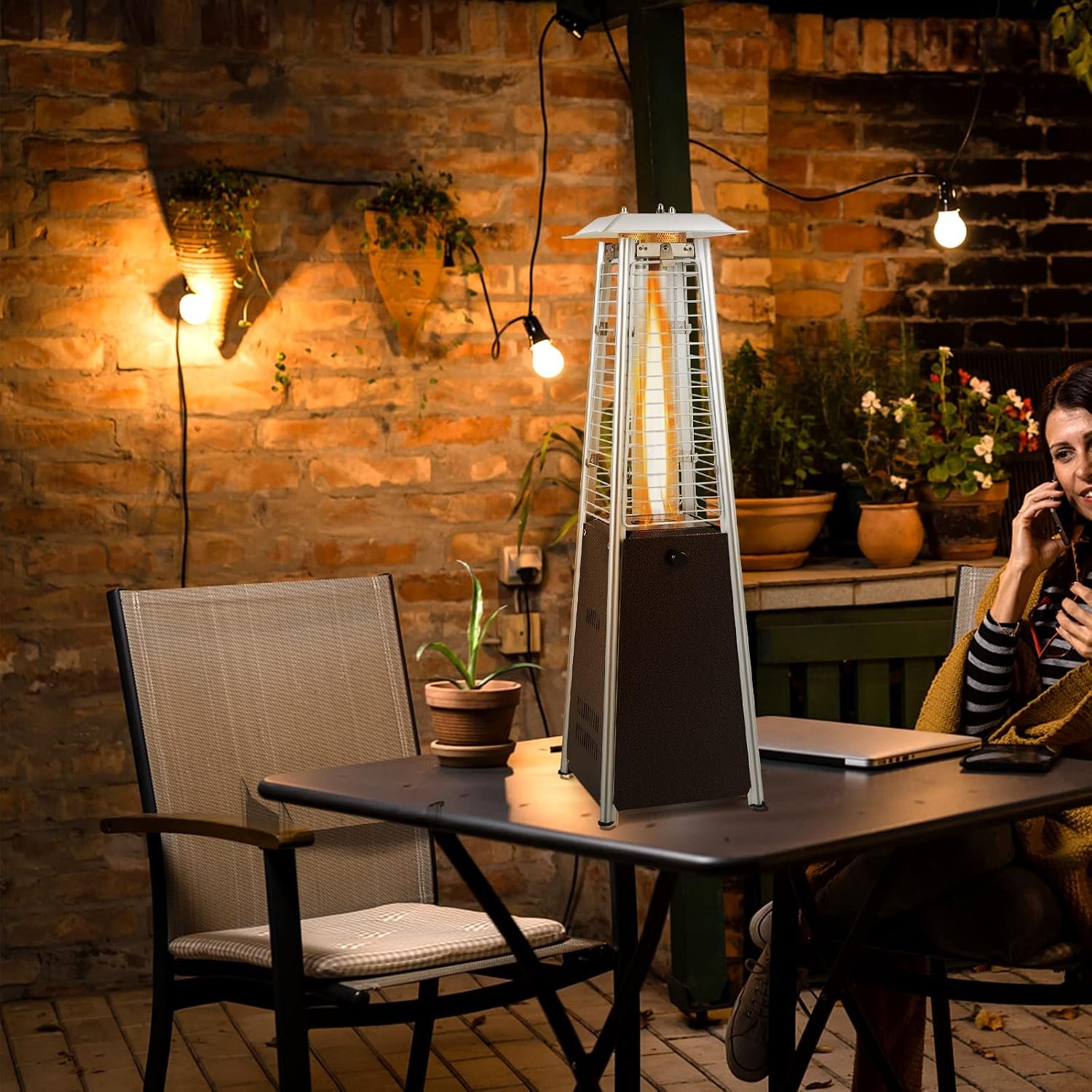 Tangkula Portable Patio Heater, 9500 BTU Outdoor Tabletop Heater with Stainless Steel Burner, Tip-Over & Flameout Protection, 34″ Pyramid Mini Outdoor Heaters for Patio, Porch, Deck (Bronze)