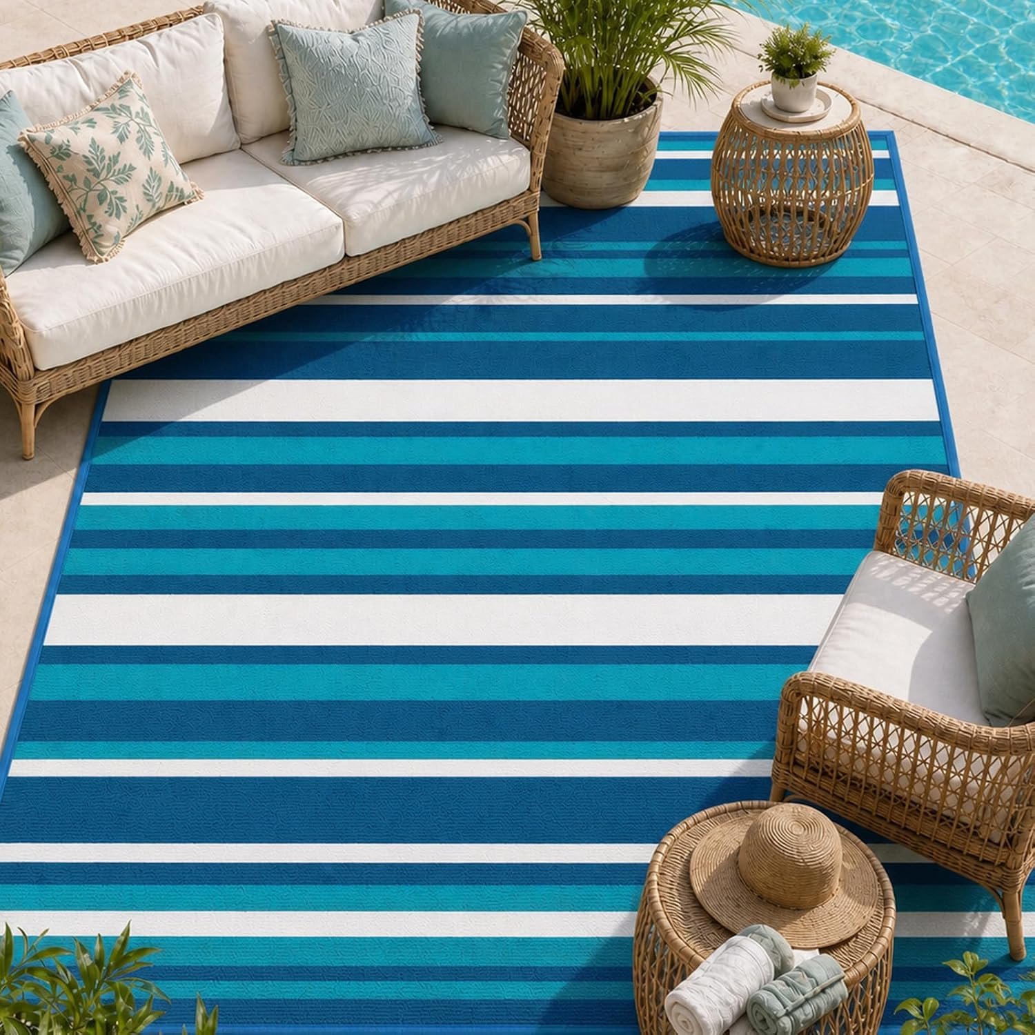 Outdoor Rug Camping Essentials – 5×8 FT Outdoor Plastic Straw Rug for Patio Clearance, Waterproof RV Essentials Outside Area Rug for Deck Garden, Backyard Patio Furniture Set, Blue White
