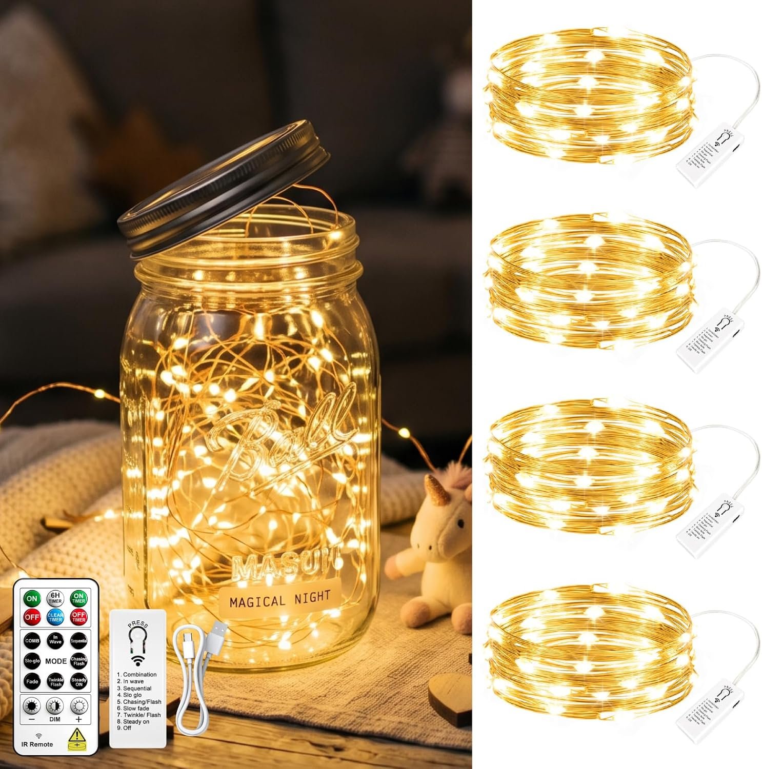 4-Pack Rechargeable Fairy Lights with Remote & DIY Timer, 7Ft 20LED