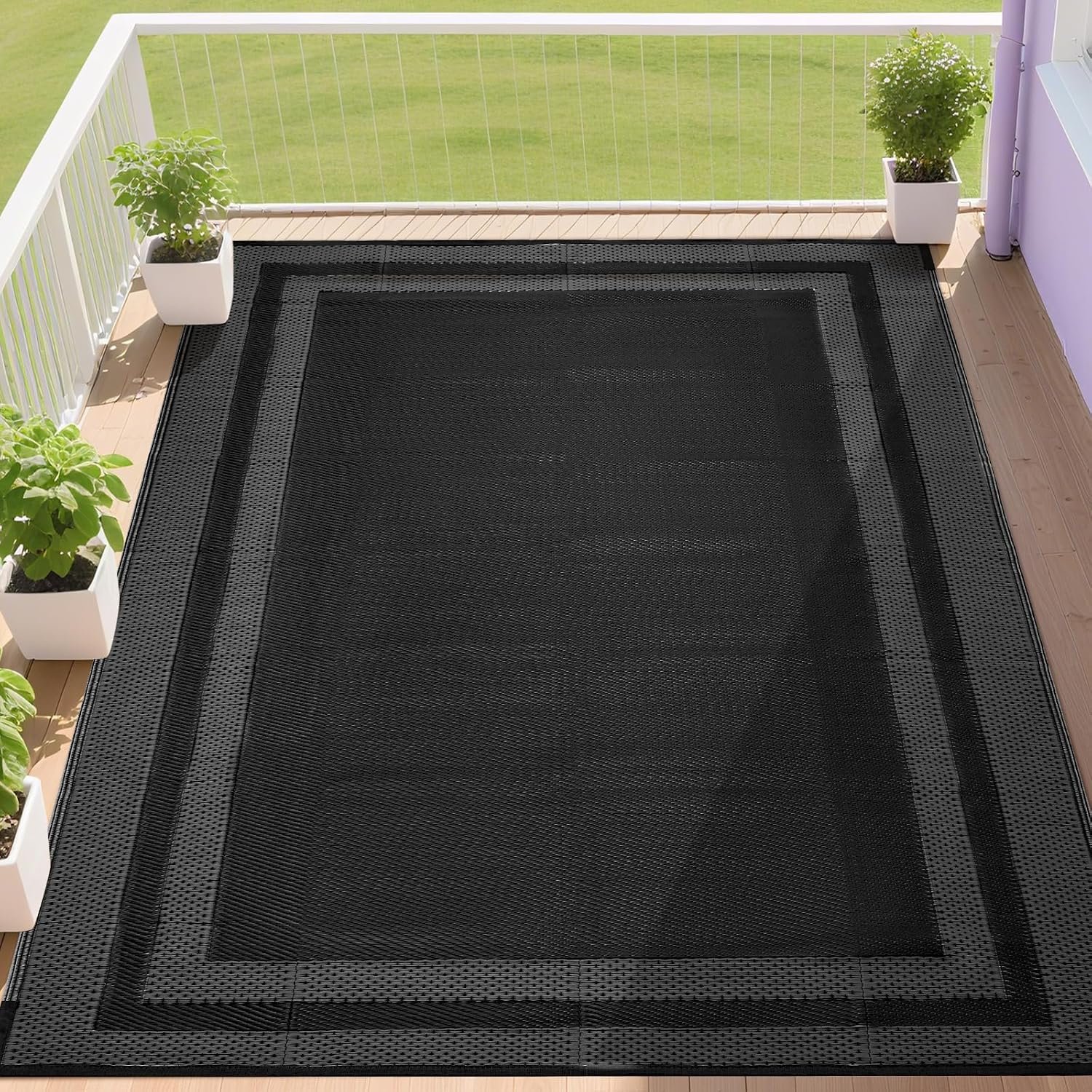 RURALITY Outdoor Rugs 5×8 Waterproof for Patios Clearance,Plastic Straw Mats for Backyard,Porch,Deck,Balcony,Black&Deep Grey