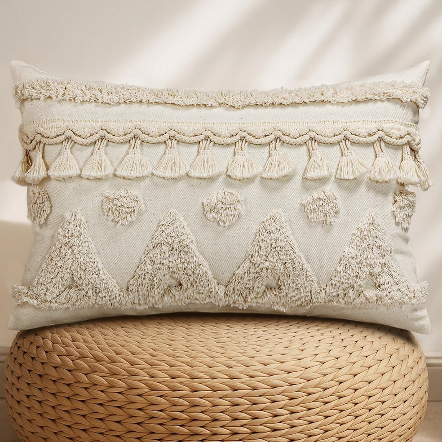 Lumbar Pillow Covers 12×20 – Tufted Boho Decorative Throw Pillow Cover with Zipper for Couch Sofa Bed Living Room Soft Aesthetic Farmhouse Textured Striped Oblong Pillowcase, Cream Tassel