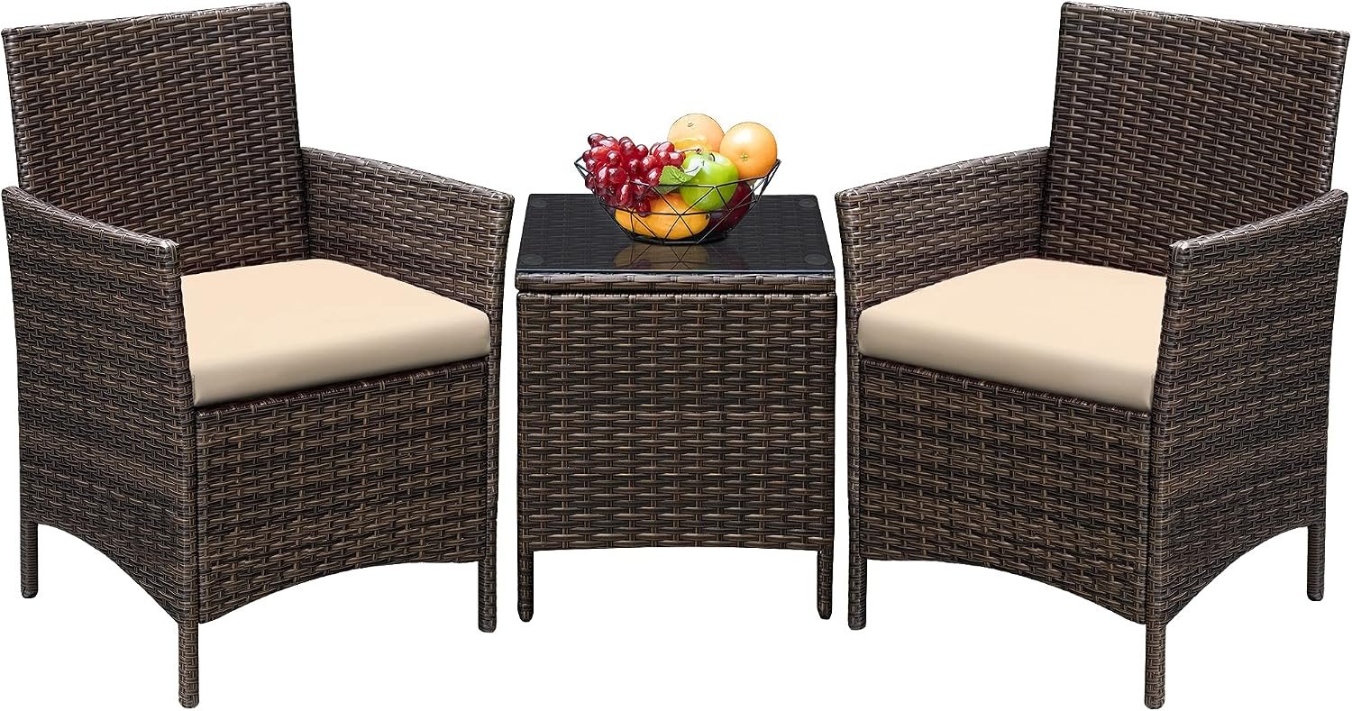 Greesum 3 Pieces Patio Furniture Sets Outdoor PE Wicker Chairs,Beige