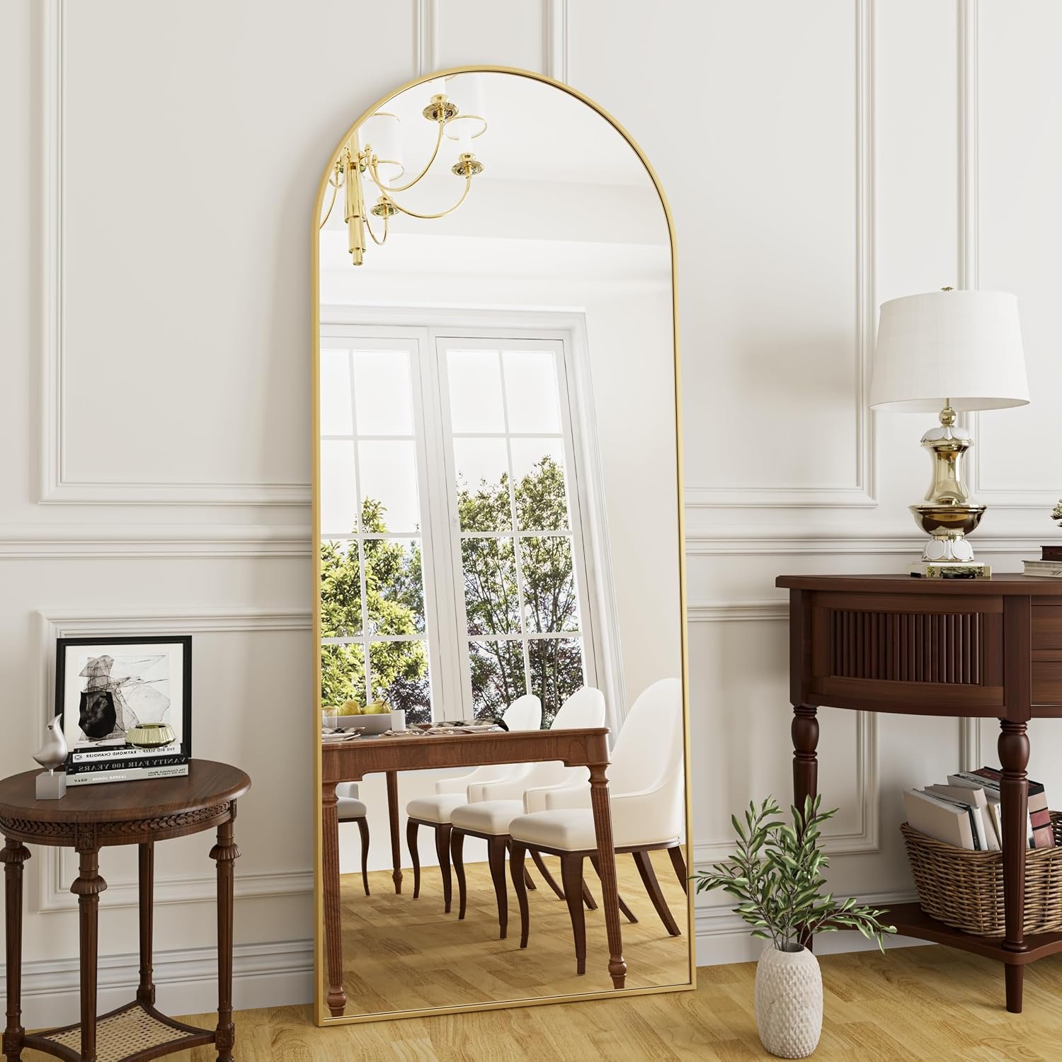 Rowjut Full Length Mirror Arched Floor Length Mirrors, 71″x26″ Large Full Body & with Stand&Arch Wall Mounted &Standing Mirror for Bedroom Living Room, Aluminum Frame, Gold