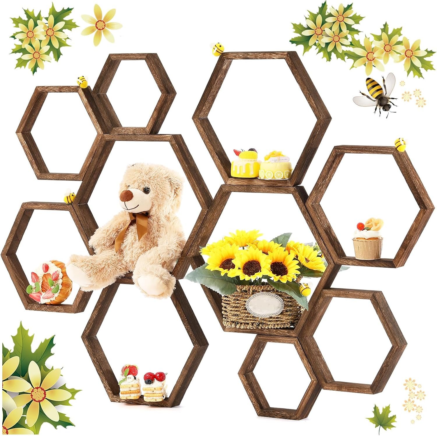 Gerrii Honey Comb Decorations 5 Size Wood Hexagon Shelves,Dark Brown,10 Pcs