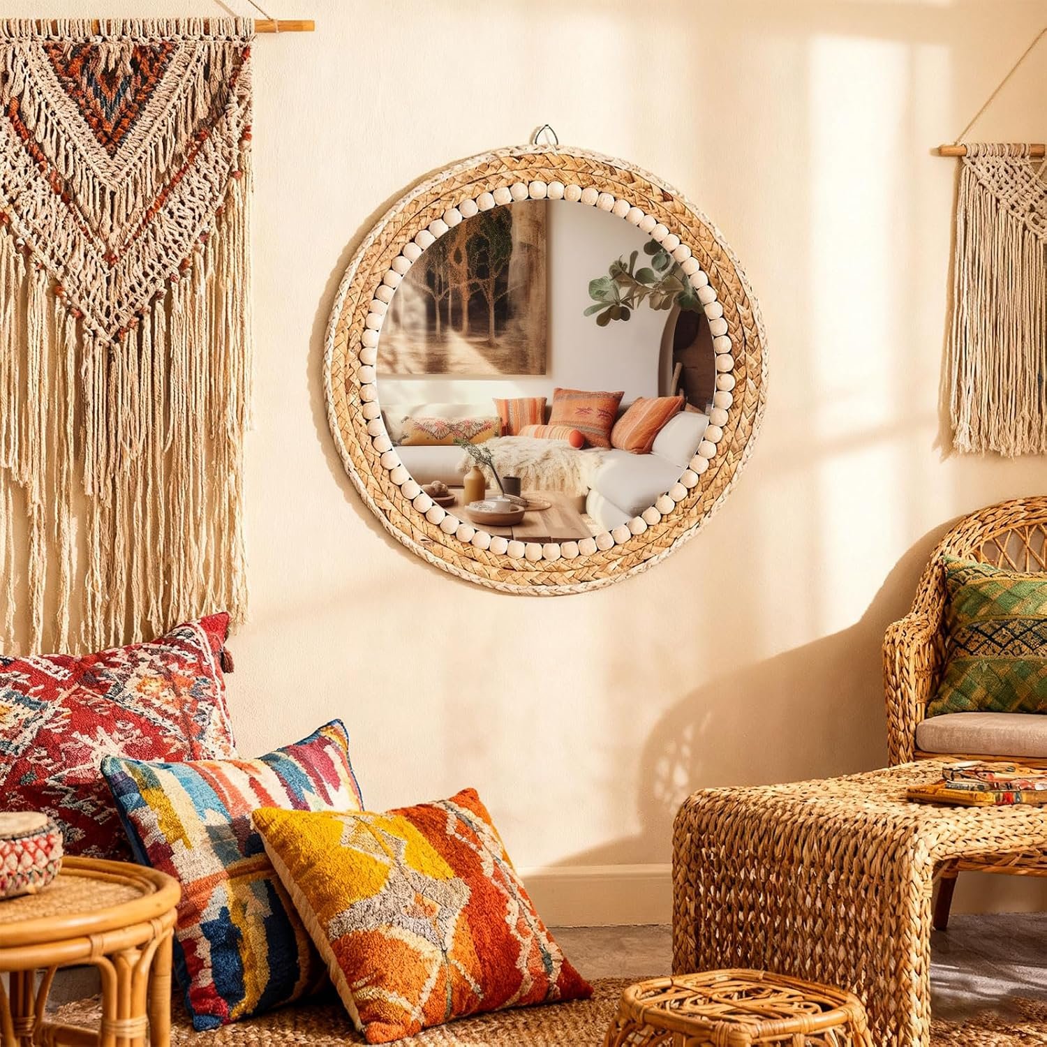 Vercraft Boho Round Hanging Wall Mirror Decor 16 Inches Rattan Wicker Costal Loop Round Circle Mirrors for Coastal Farmhouse, Living Room, Bedroom, Entryway