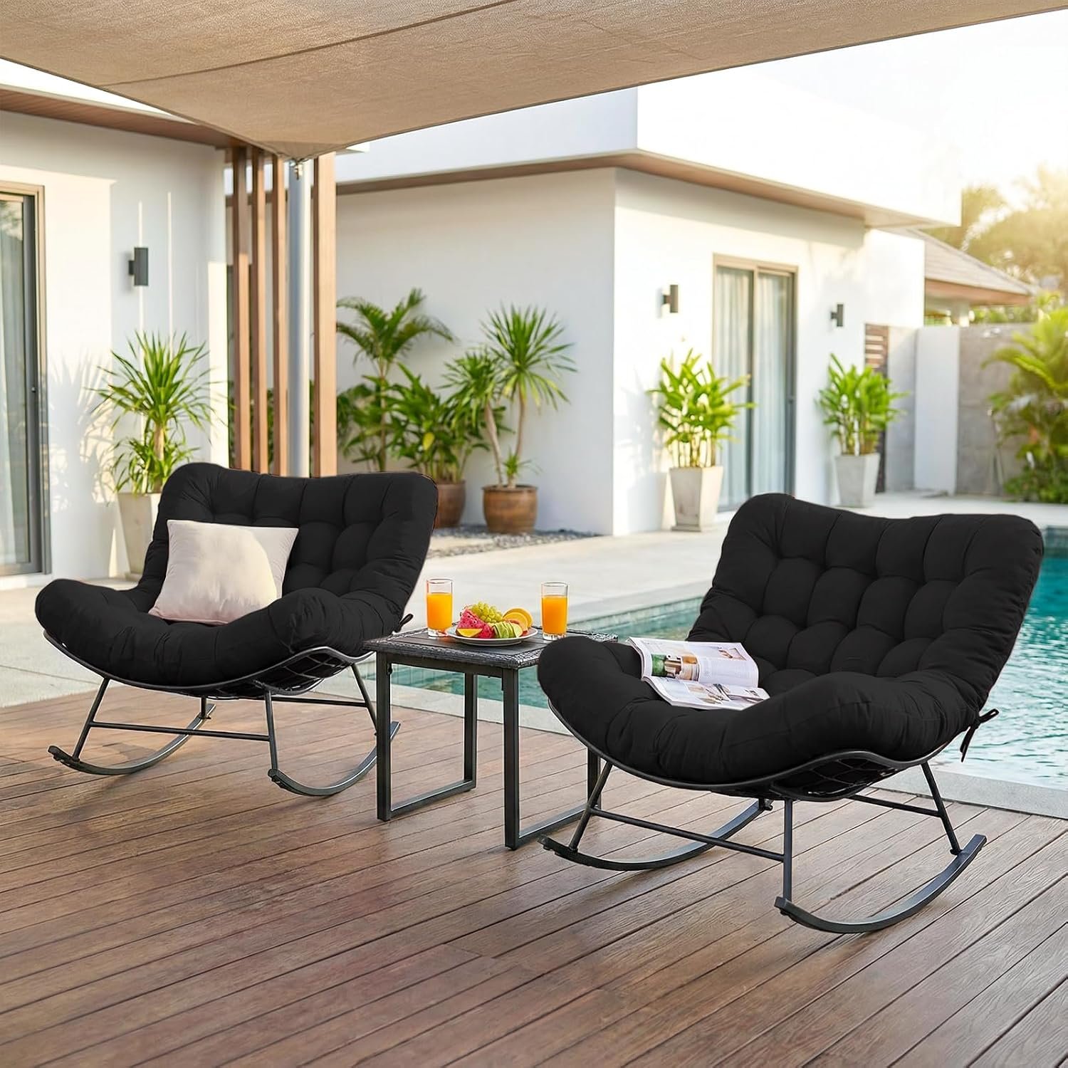 Outdoor Rocking Chairs Set of 2 with Wicker Side Table, Thick Cushioned Papasan Rocking Chairs with End Table, 3PCS Oversized Egg Chair Set for Patio, Porch, Balcony, Bedroom, Living Room, Black