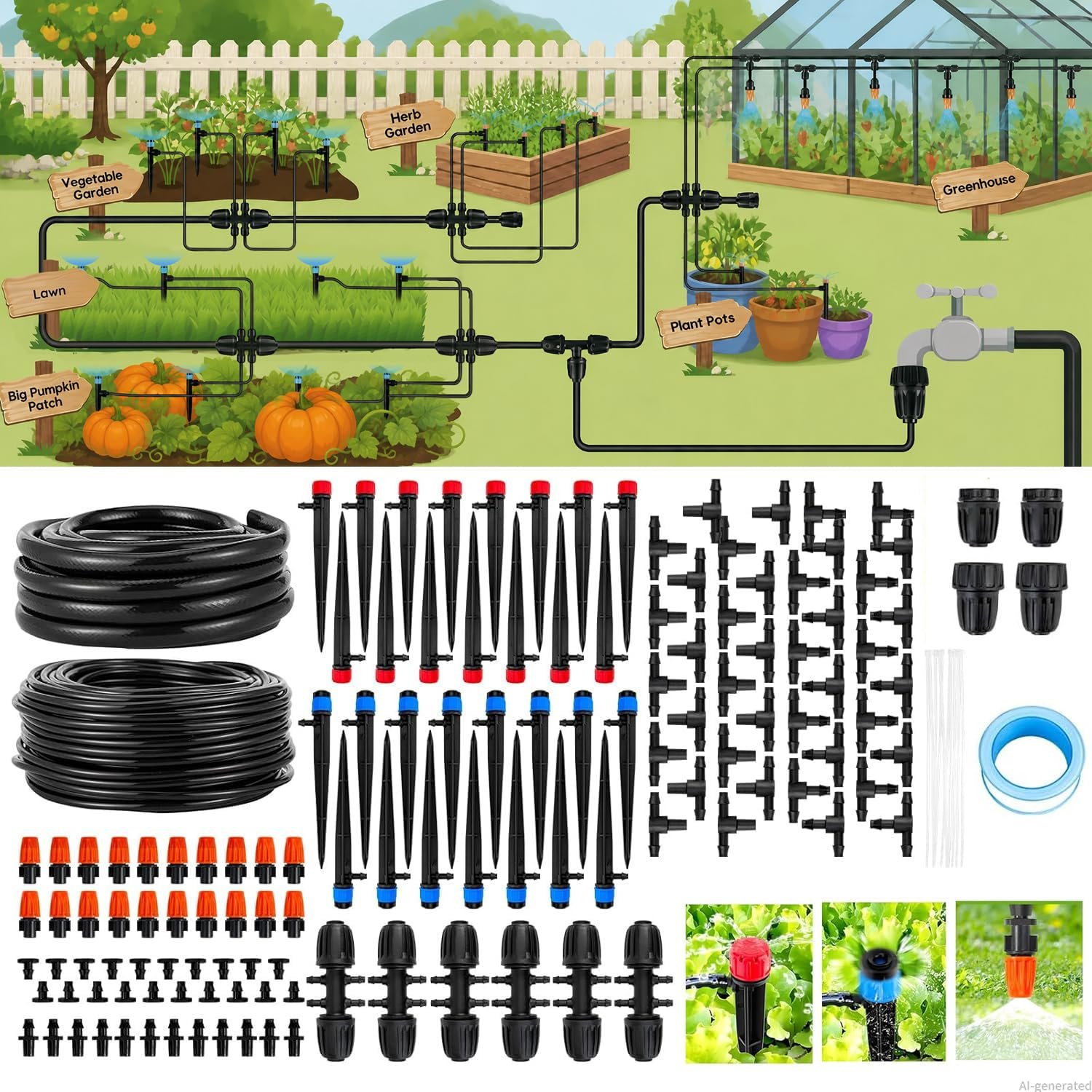 240FT Drip Irrigation System kit, Upgrade Automatic Garden Watering Kit with 1/2 inch Main Tubing ＆1/4 inch Distribution Hose, Quick-Connect Drip Irrigation Kit for Raised Bed, Greenhouse, Lawn, Patio