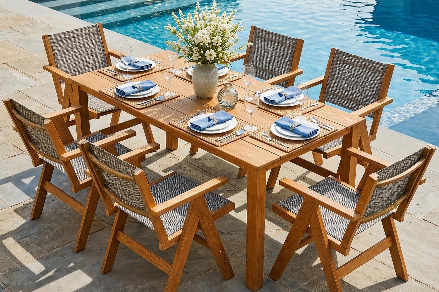 7-Piece Patio Dining Set, HDPE Outdoor Table with Umbrella Hole and 6 Textilene Chairs, Wood-Look Finish, Aluminum Frame, All-Weather Dining Set for Backyard, Poolside and Deck, Teak