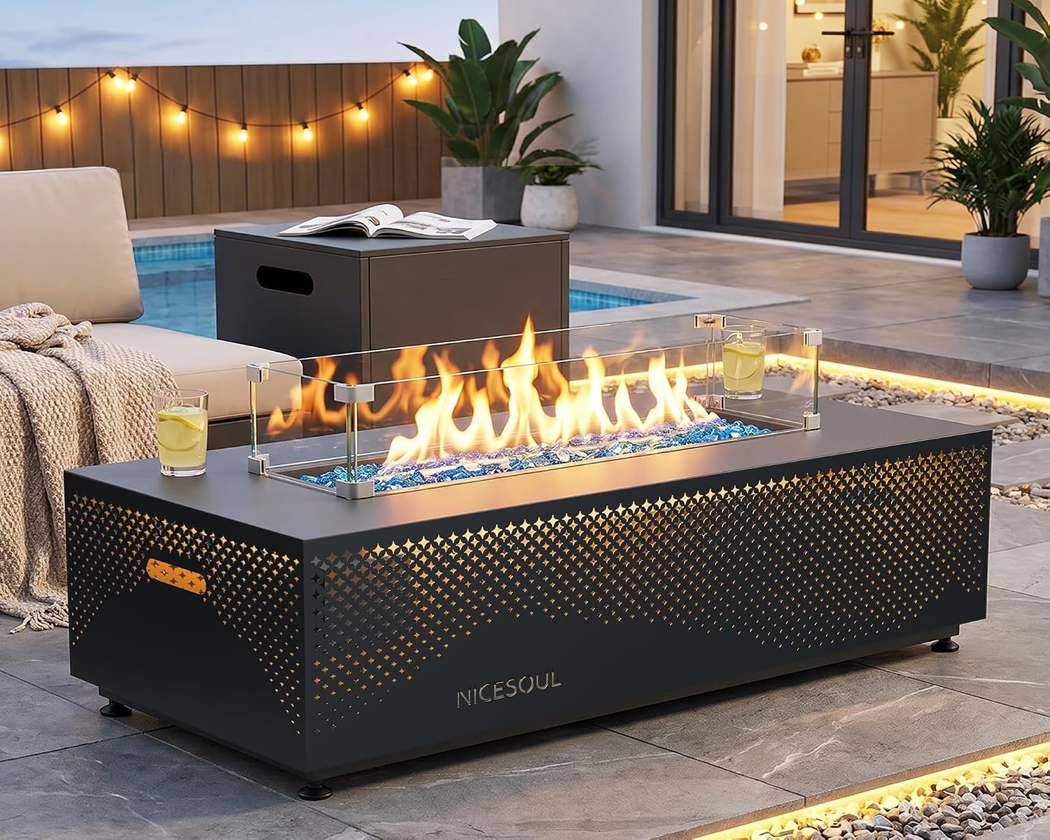 NICESOUL 42” Outdoor Propane/Natural Gas Fire Pit Table, Rectangle Patio Firepits with Hidden Tank Table, 50000 BTU Modern Fireplace with LED Star Light for Outside Backyard, CSA Certified, Gray