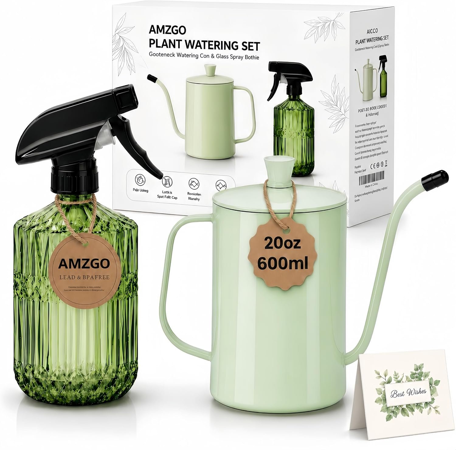 2 Pack Small Watering Can for Indoor Plants, 20 oz Metal Plant Watering Can with Long Spout for House Plants, 13.5 oz Glass Plant Mister Spray Bottle for Bonsai Garden Flowers Decorative