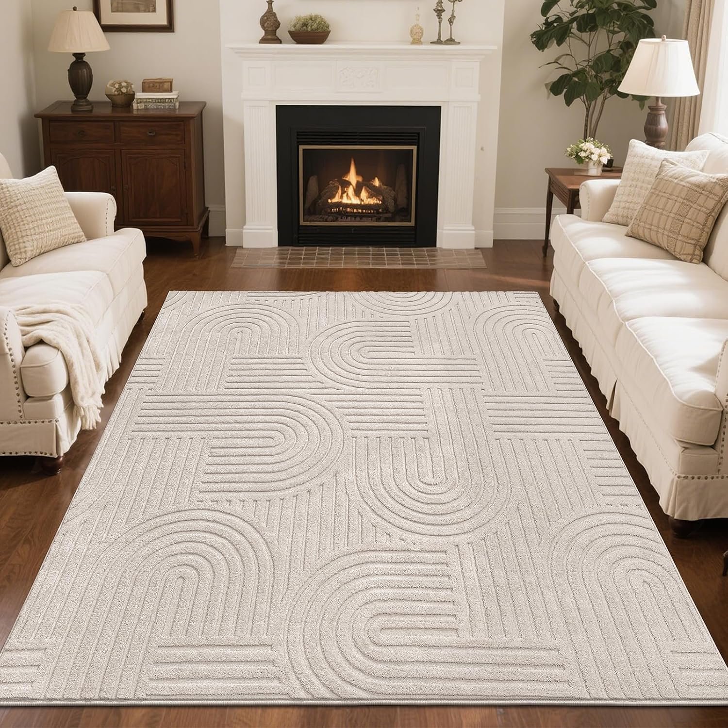 SHACOS Soft Cozy Fluffy Arch Pattern High-Low Pile Textured Area Rug 5’3″x7’3″ Non Slip Washable Modern Geometric Rug Stain Resistant Contemporary Carpet for Living Room Bedroom Dining Room, Beige