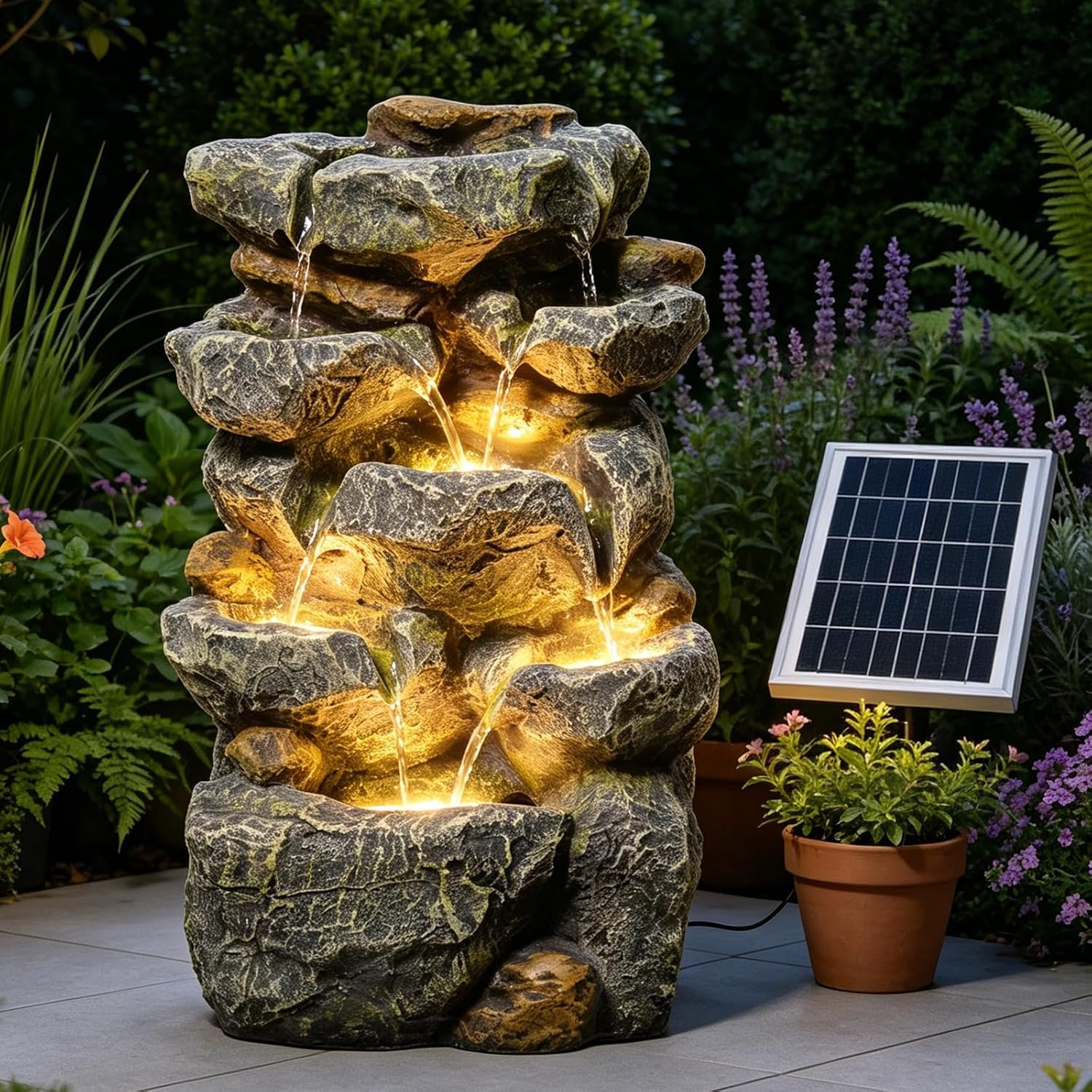 Solar Water Fountain Outdoor Cascading Design 5 Tier Feature Fountains