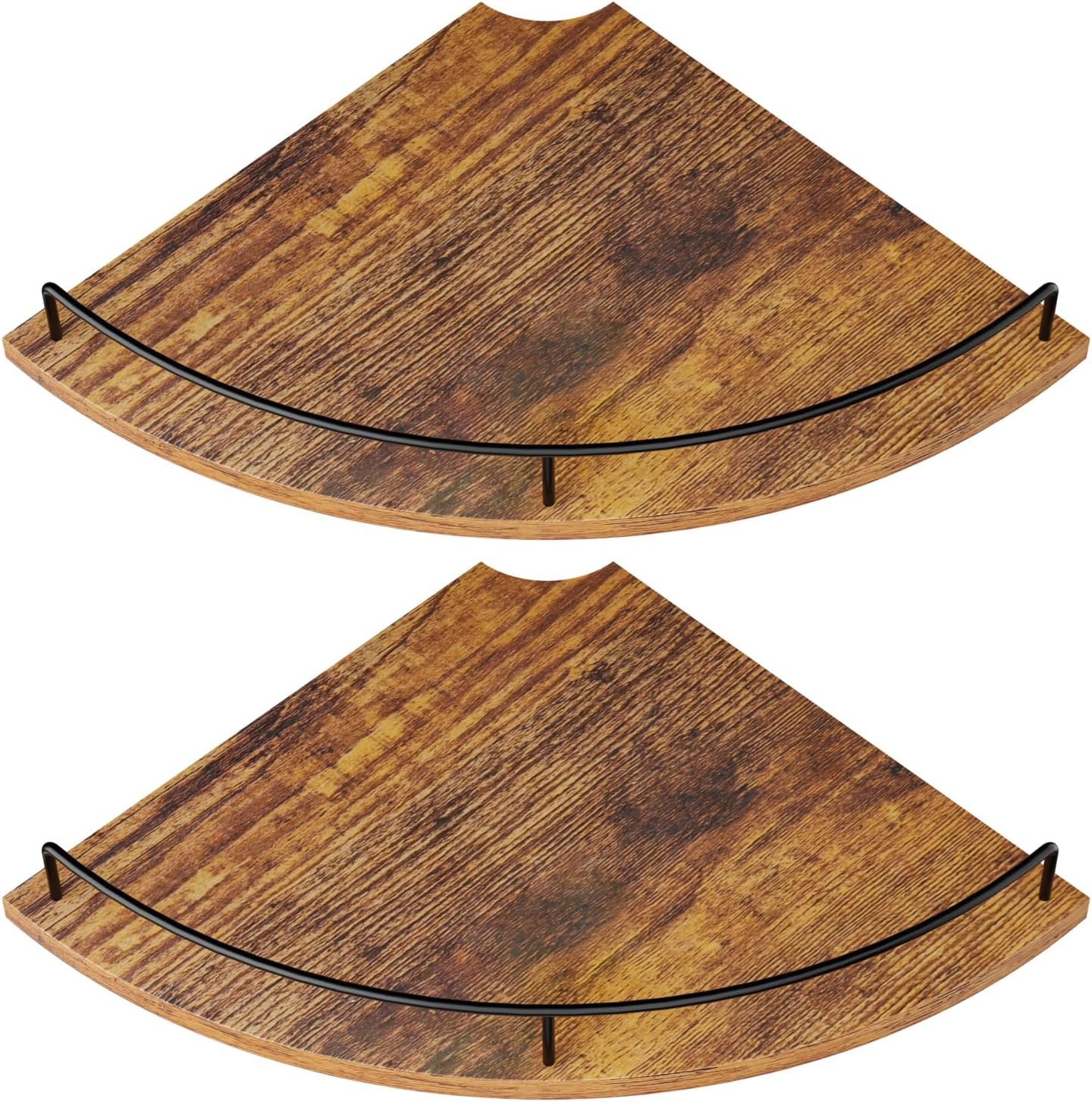 Corner Floating Shelves, Rustic Brown Wood, Set of 2, Wall Mount Storage with Guardrail for Bathroom Kitchen Living Room