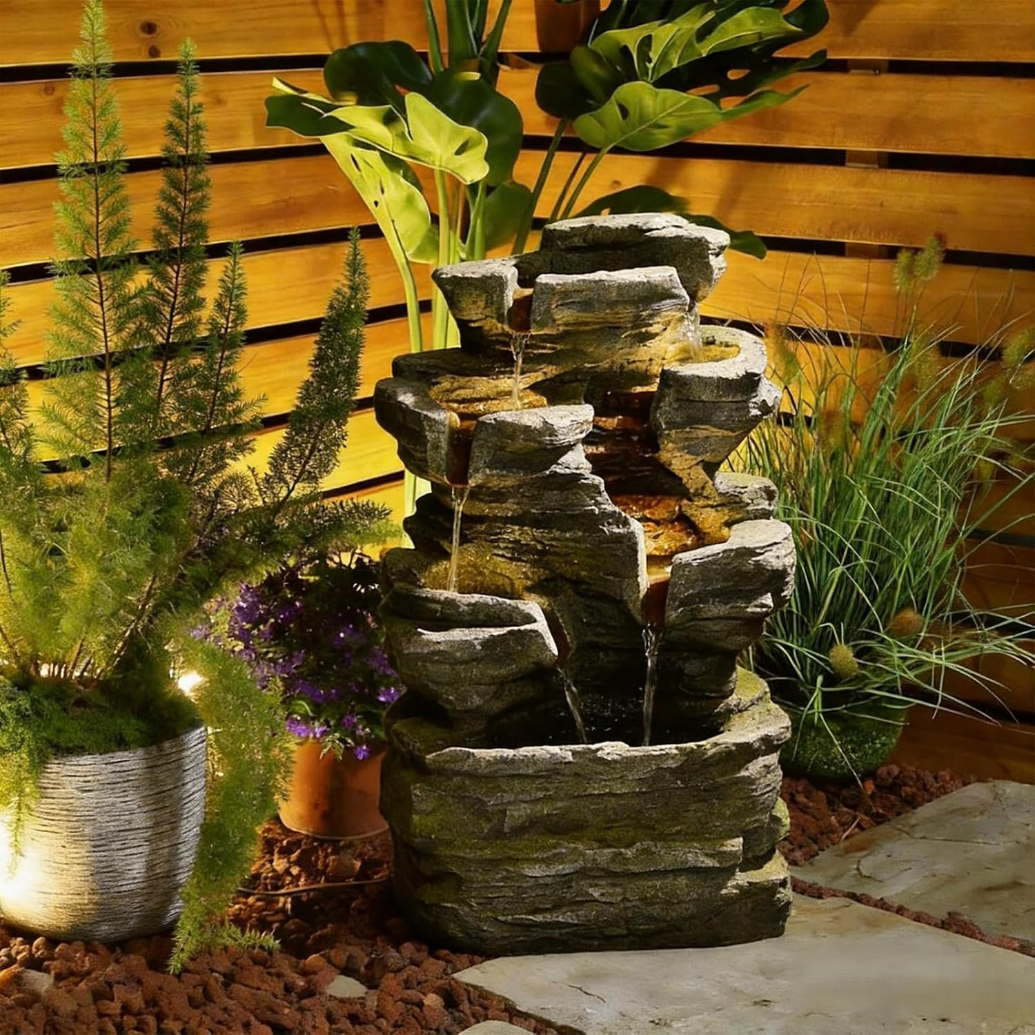 24.2″ H Rock Cascading Water Fountain Outdoor&Indoor, 6-Tier Garden Naturefalls Fountains, Floor-Standing Waterfall with Lights for Patio, Backyard, Deck, Porch, Home DéCor, Stone Gray