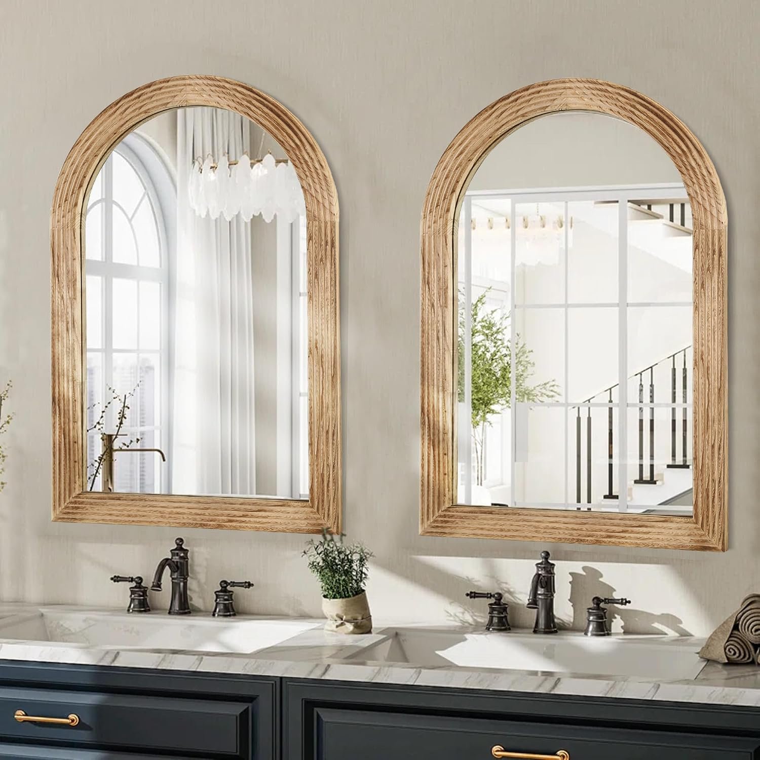 LOSOUR 2 Pack Arched Mirror, Farmhouse Decor Solid Wood Frame Wall Mirror, Vintage Bathroom Mirrors or Bathroom, Living Room,Bedroom, Entryway, Hallway,Foyer (Brown, 2 Pack-30 L x 20″ W)