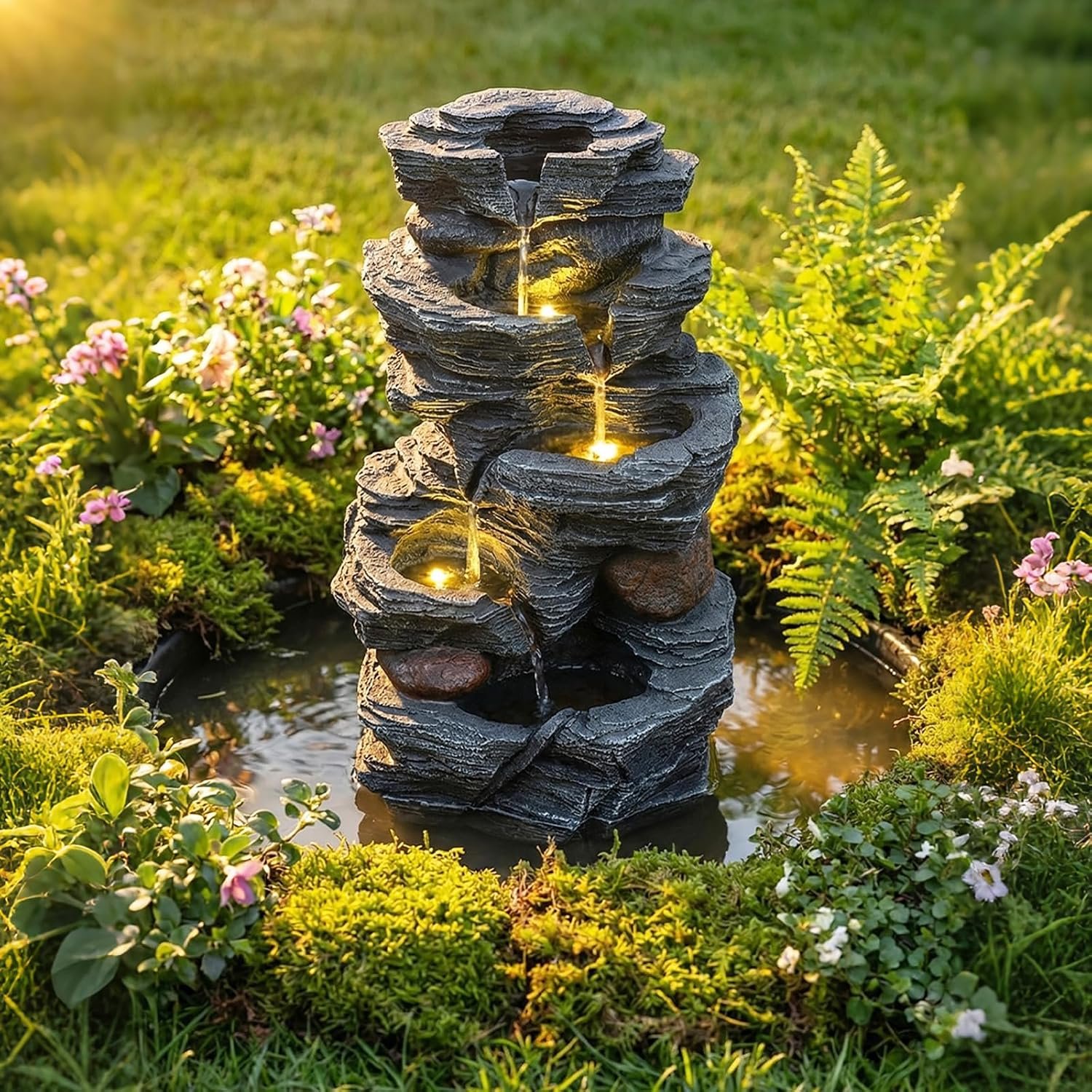Giantex 5-Tier Water Fountain Outdoor, 18 Inch Cascading Stacked Stone Waterfall Fountain with Lights & Pump, Outside Zen Water Feature for Patio, Balcony, Deck, Garden, Yard Decor