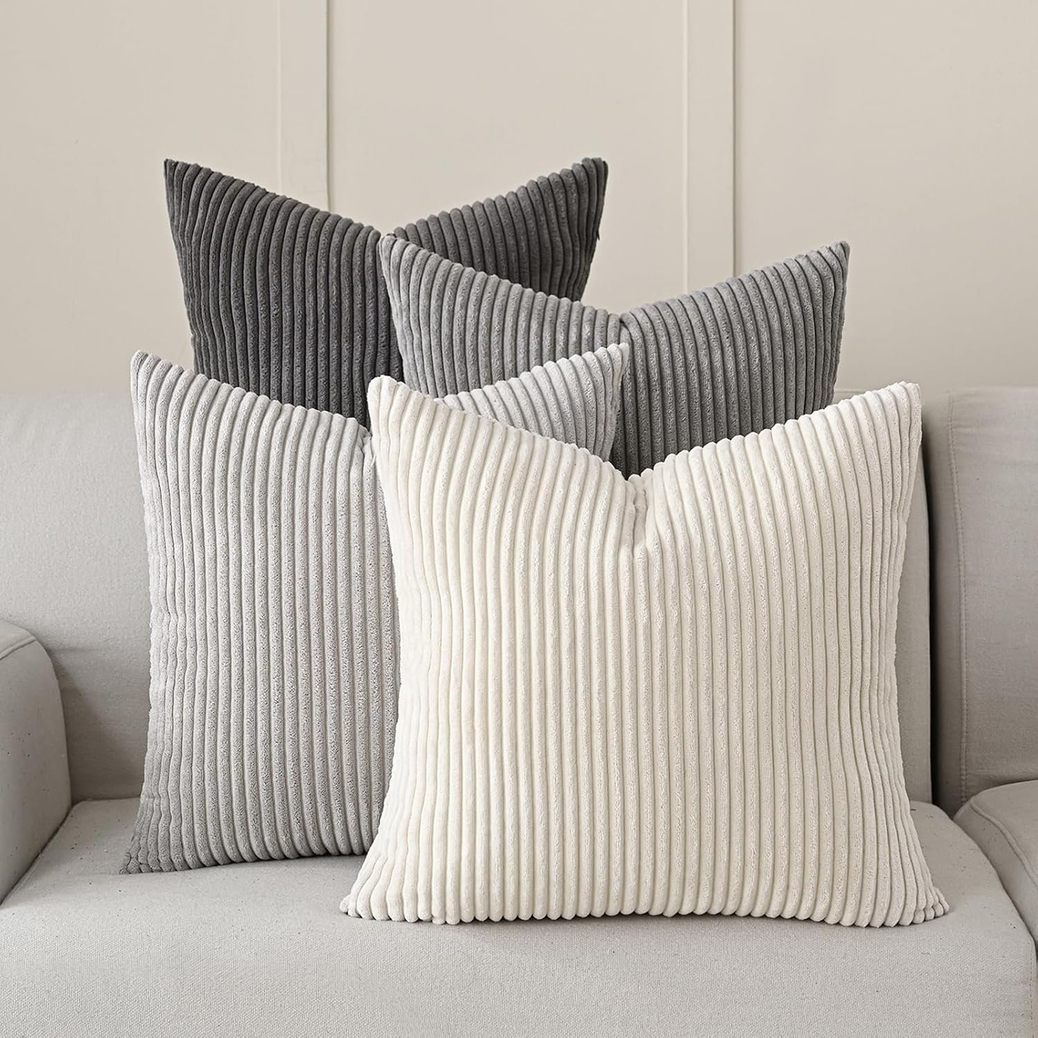 Volcanics Set of 4 Neutral Grey Corduroy Couch Throw Pillow Covers 18×18 in
