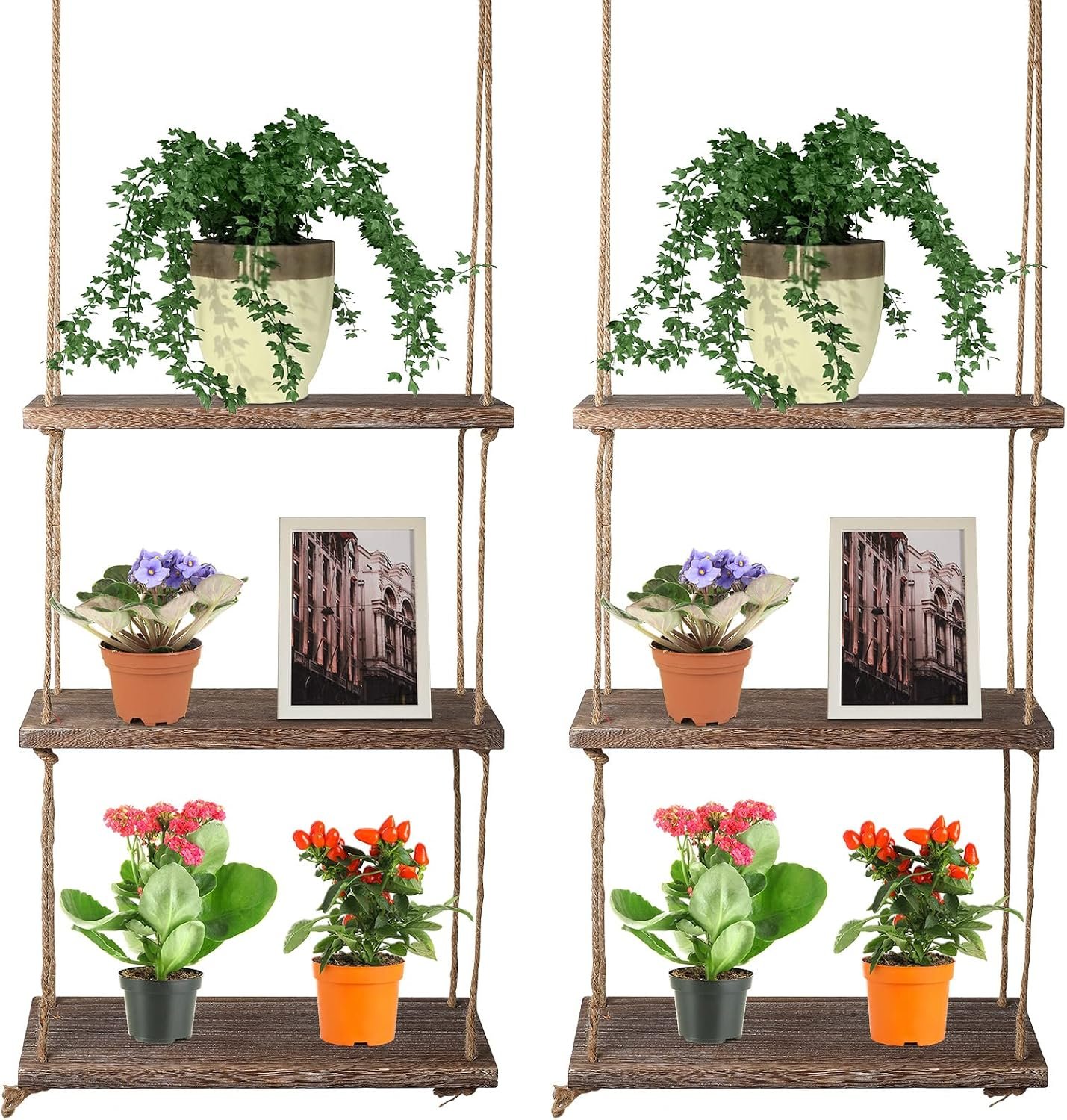 Nuanchu 2 Pcs Hanging Shelves Window Shelf for Plants 3 Tier Rustic Wood Floating Wall Shelves Photo Plant Ornaments Display Hanging Storage for Balcony Windows Bathroom Living Room Bedroom Apartment