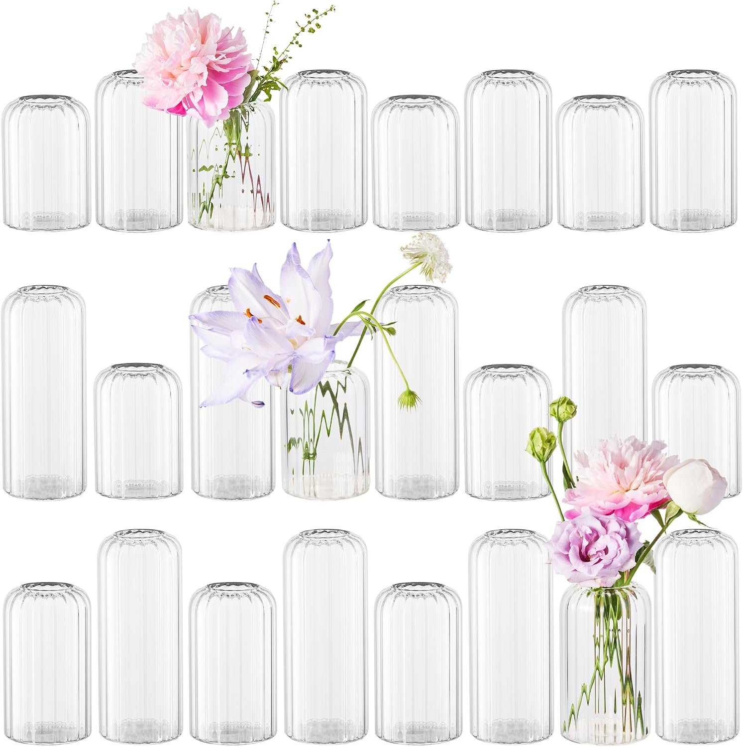 Glass Bud Vases Set of 24, Ribbed Small Flower Glass Vases for Centerpieces