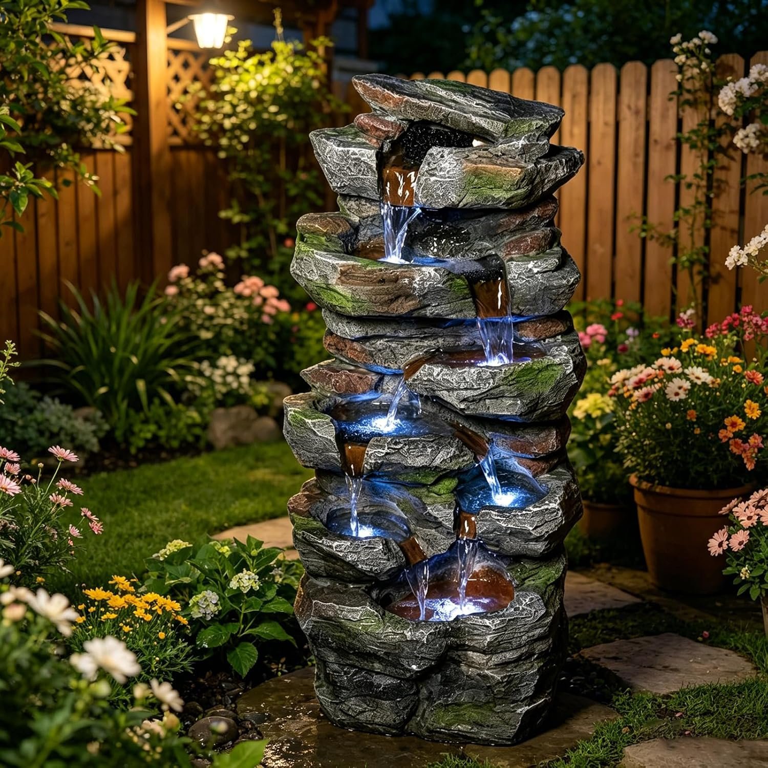 23.6” H Rock Outdoor Water Fountain with LED Light, Cascading Waterfall Fountain for Garden Patio Yard, Decorative Water Feature for Outside, Patio Fountain