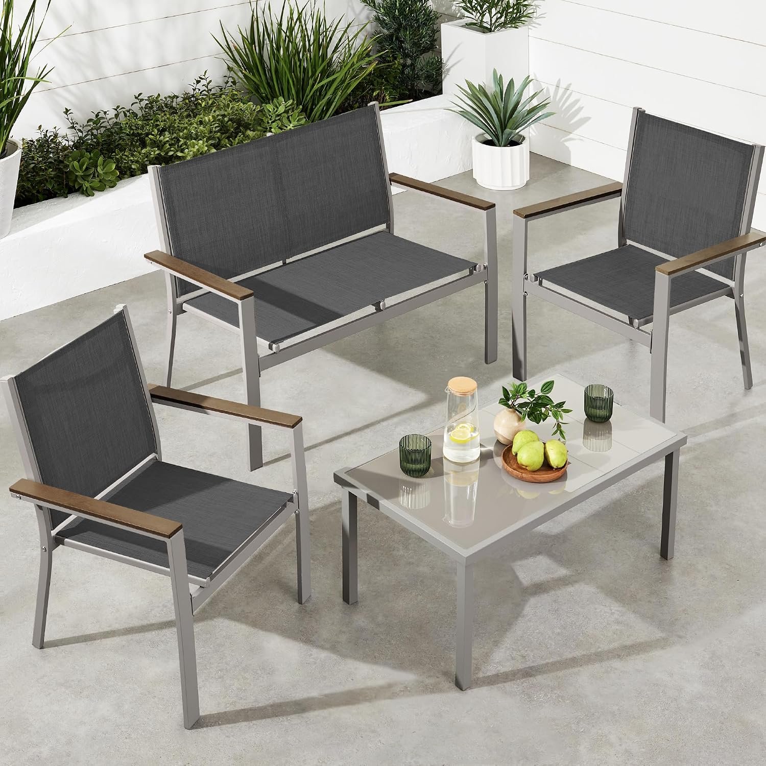 Best Choice Products 4-Piece Outdoor Textilene Patio Conversation Set, Backyard Furniture w/Loveseat, Coffee Table, Steel Frame – Taupe/Charcoal