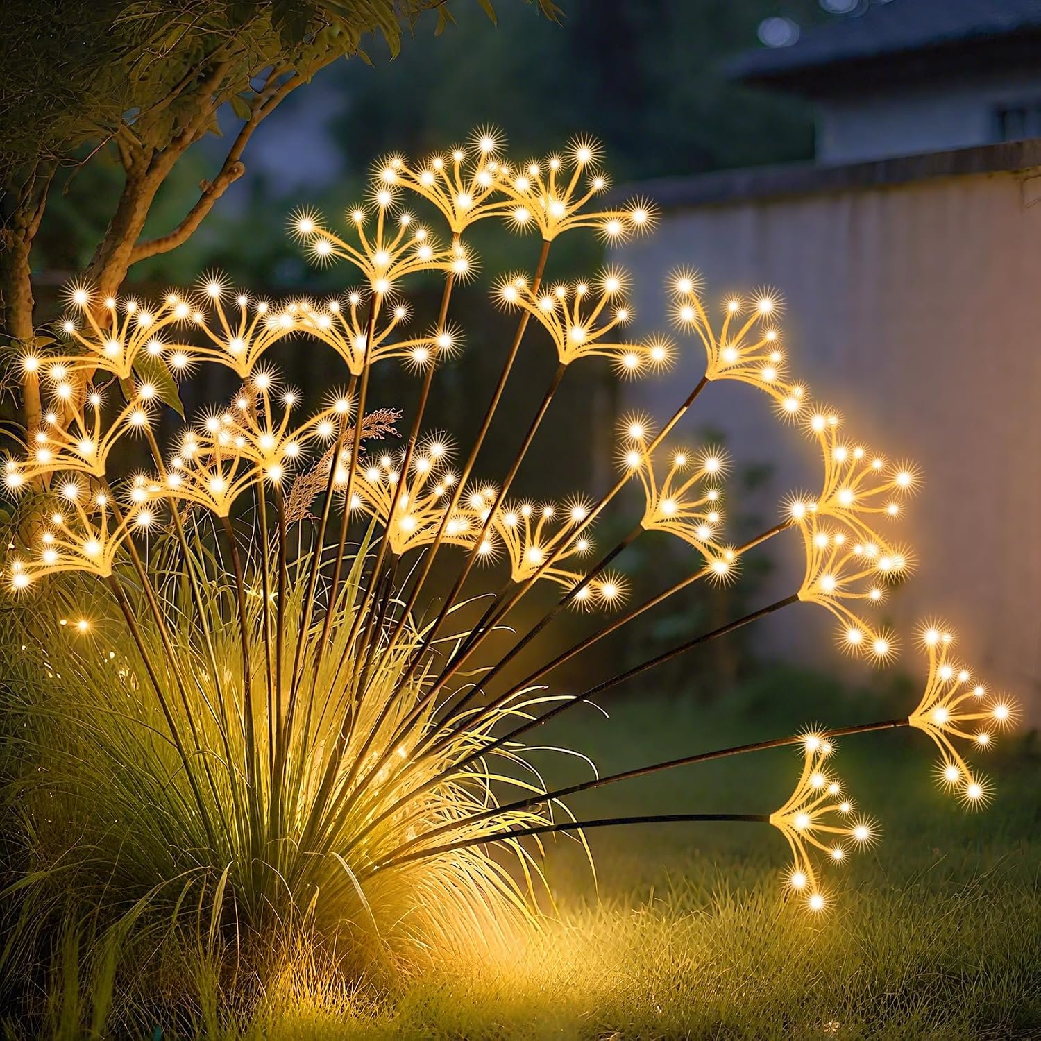 JJGoo Solar Garden Lights, New Upgraded 2 Pack Solar Swaying Starburst Light, Waterproof Fireworks Outdoor Lights, Yard Patio Pathway Decoration, Warm White