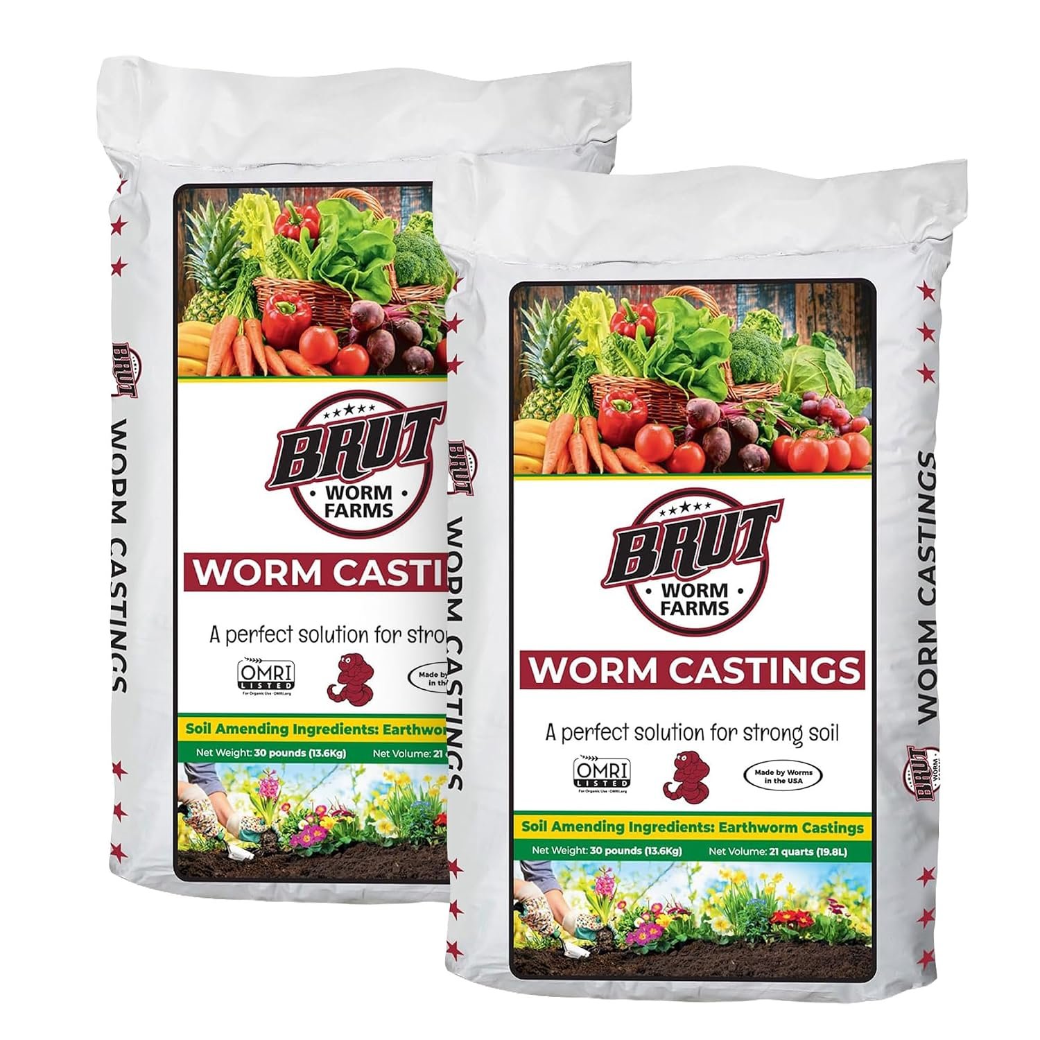 Brut Worm Farms 2-Pack Organic Worm Castings Fertilizer, 30 lb – Natural Soil Amendment for Plants, Potting Mixes, Indoor and Outdoor Gardens, Vegetables, and Lawns