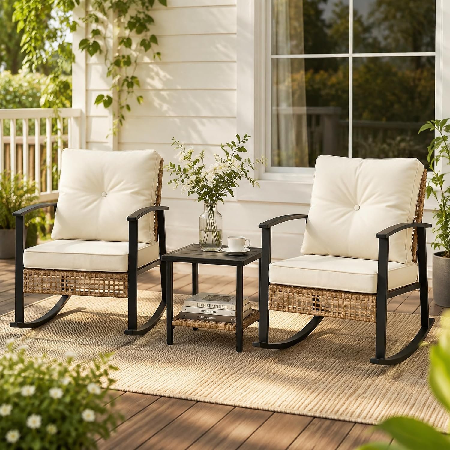 3 Piece Patio Furniture Set, Outdoor Rocking Chairs Set of 2 with Cushions and 2-Tier Metal Side Table, Patio Rocking Chairs Bistro Set for Front Porch, Backyard, Balcony,Garden, Beige