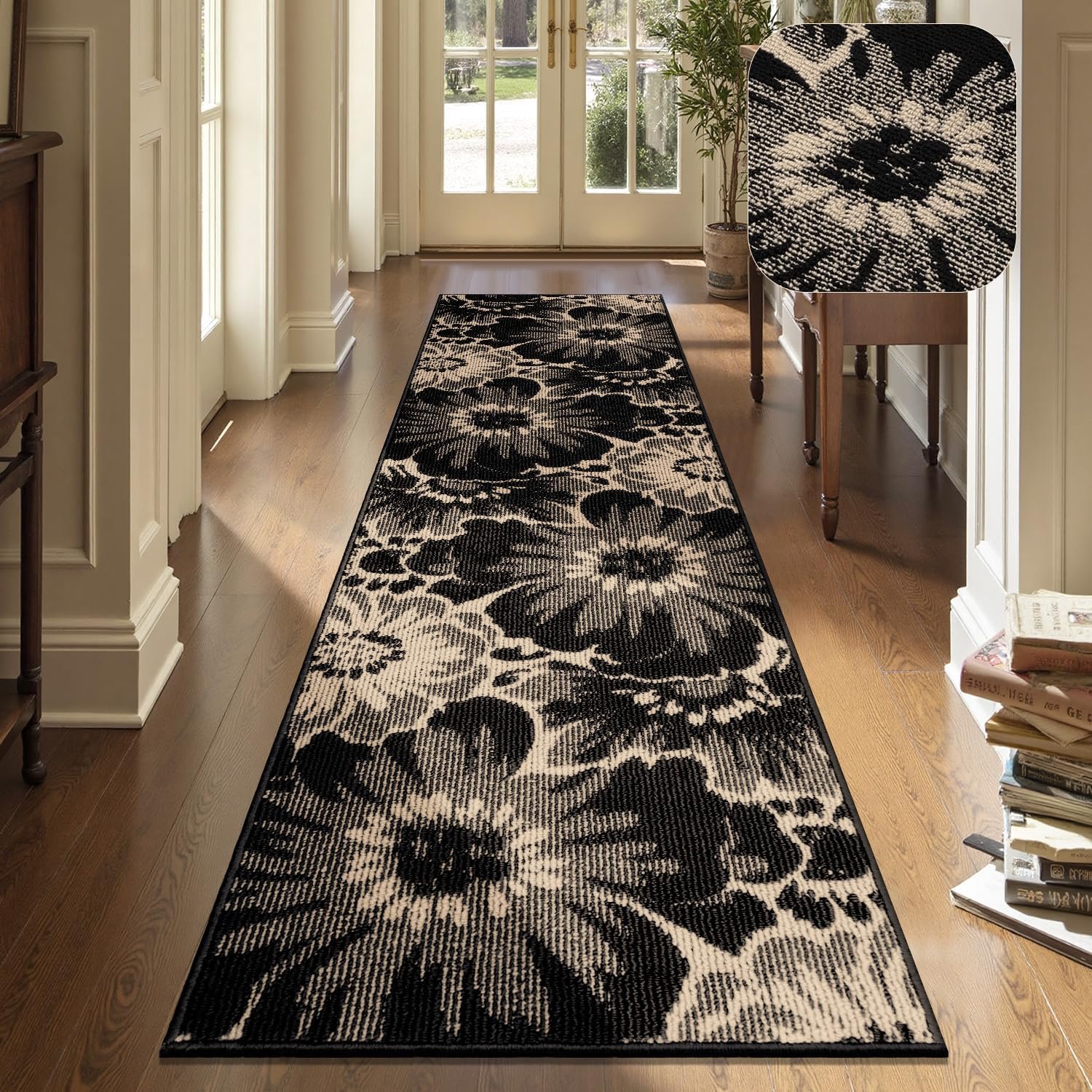 Findosom Hallway Runner Rug 2×8, Non Slip High-Low Textured Floral Washable Runner Rug with Rubber Backing, Boho Carpet Runner for Kitchen, Entryway, Bedroom, Laundry, Black & Beige