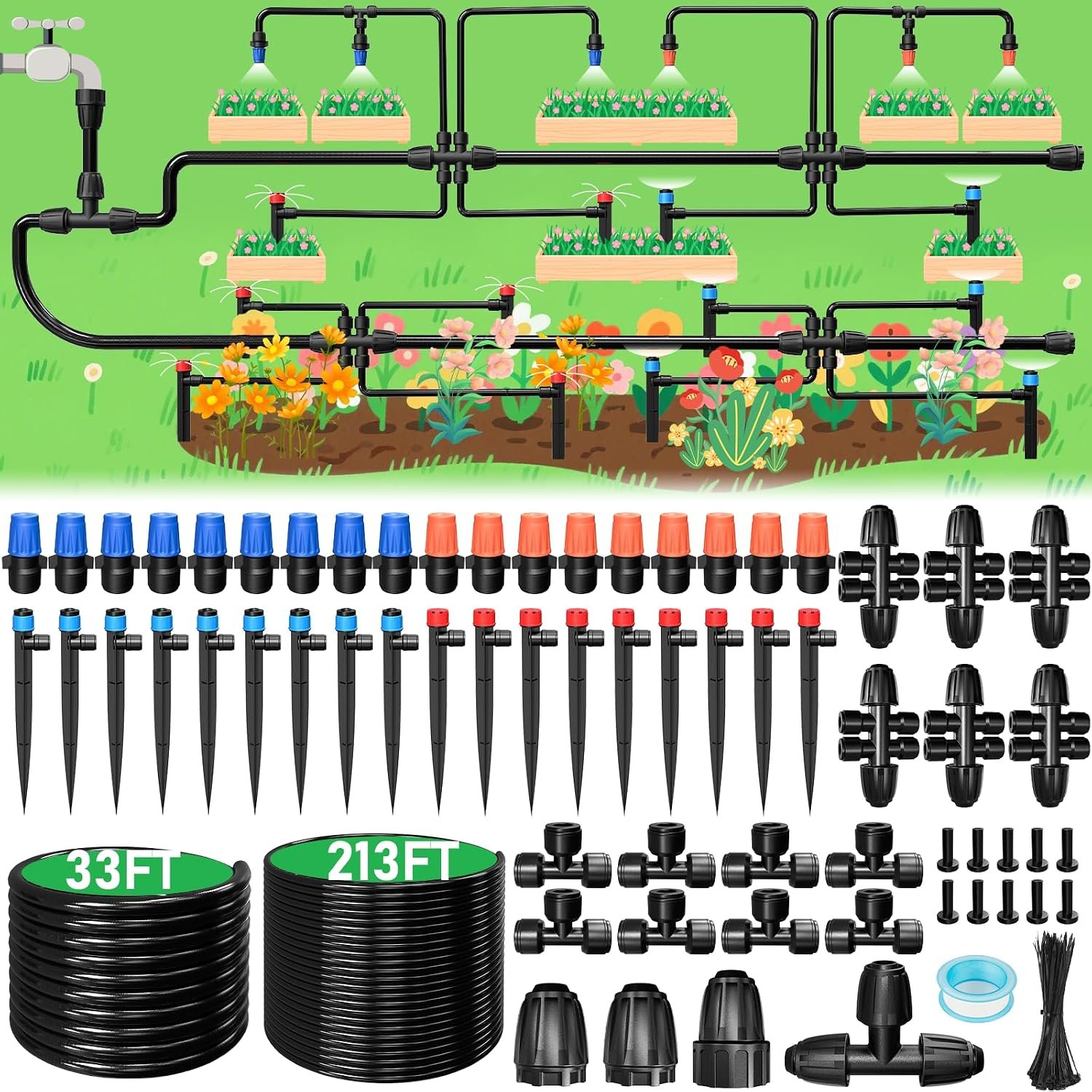 246FT Drip Irrigation System, Automatic Drip Irrigation Kit with 1/2″ Main Tube & 1/4″ Branch Tubing, Adjustable Drip Emitters, Garden Watering System for Flower Bed, Raised Beds, Lawn, Greenhouses