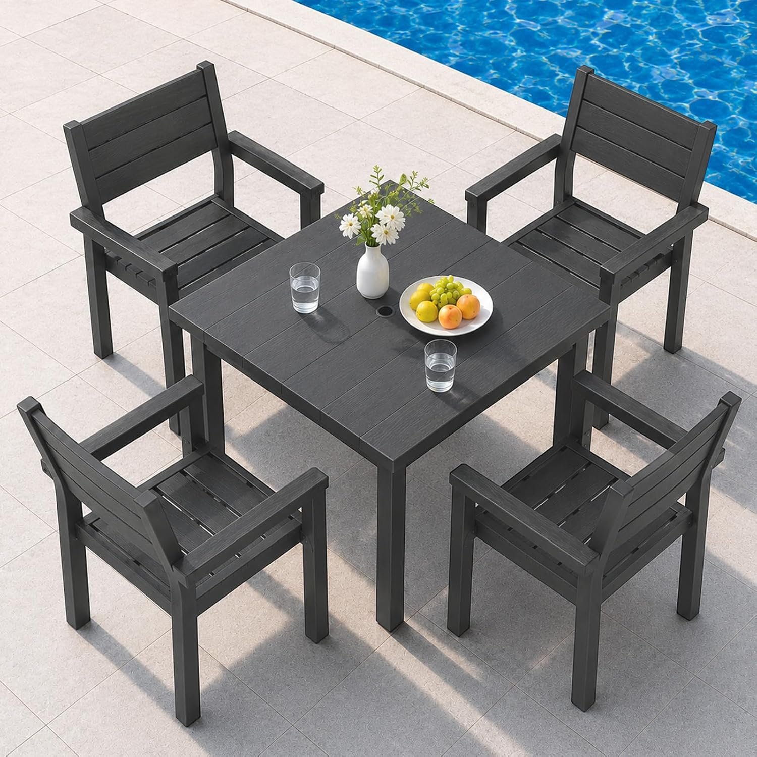 5-Piece Patio Dining Set for 4, Wood-Grain HDPE Outdoor Table and Chairs