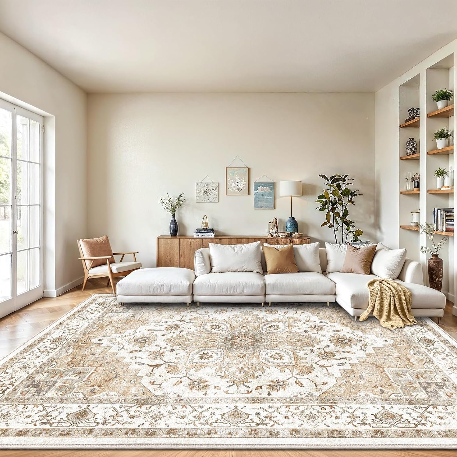 Amada Large 8×10 Washable Area Rug for Living Room, Beige,Vintage Pattern