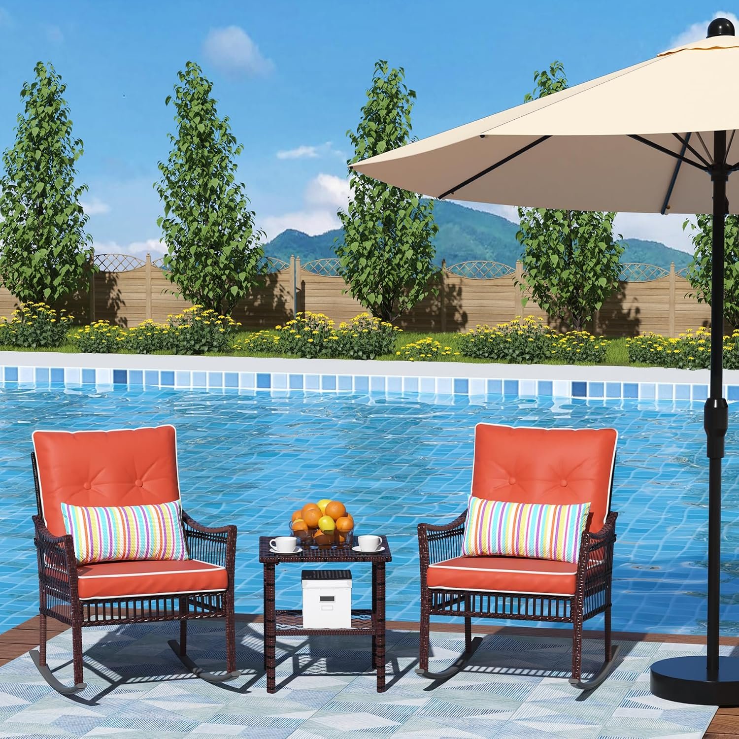 DECMICO 3-Piece Outdoor Rocking Chair Set, Wicker Patio Conversation Bistro Set with 2 Rocking Chairs, Coffee Table and Cushions for Porch, Garden, Balcony, Orange