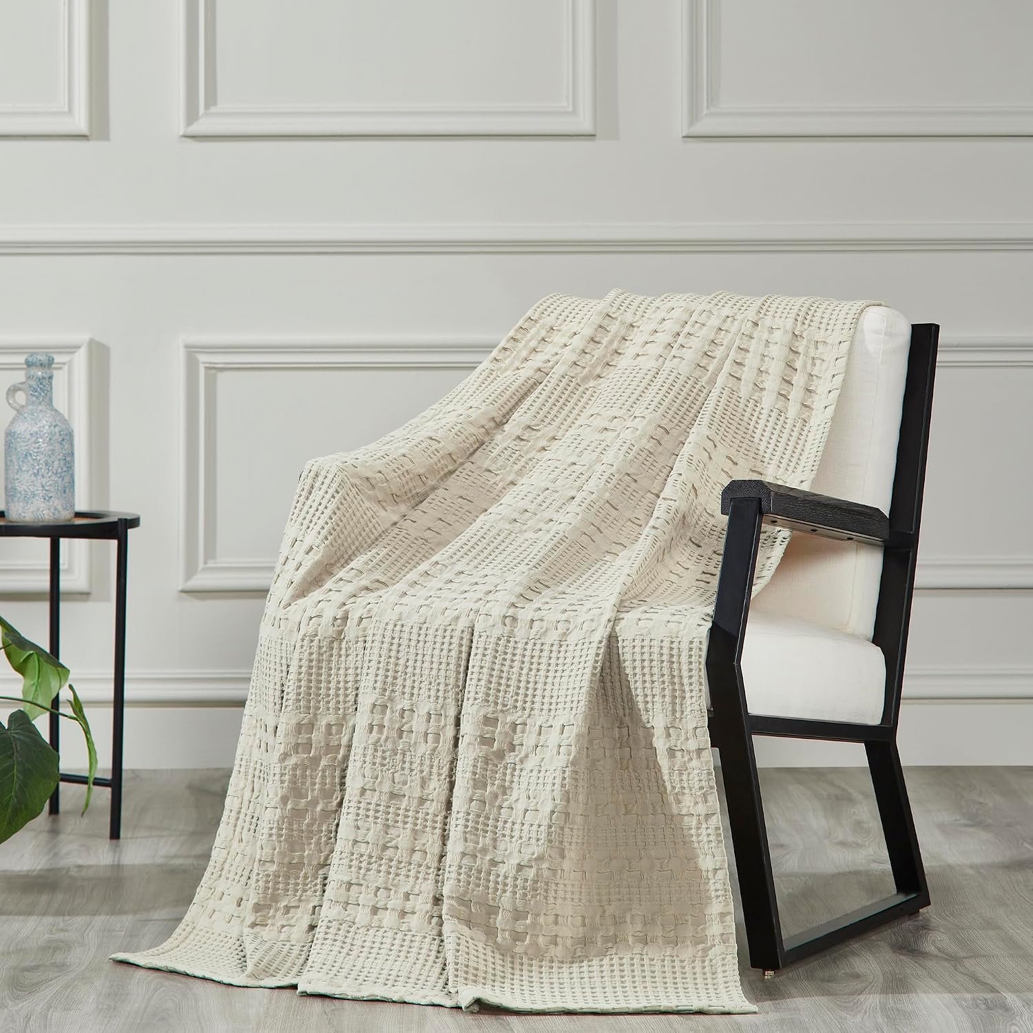 VHC Brands 100% Cotton Waffle Weave Natural Throw 50×60, Decorative Cotton Throw Blanket, Boho Farmhouse Bedroom, Living Room Decor for Bed, Couch, or Sofa