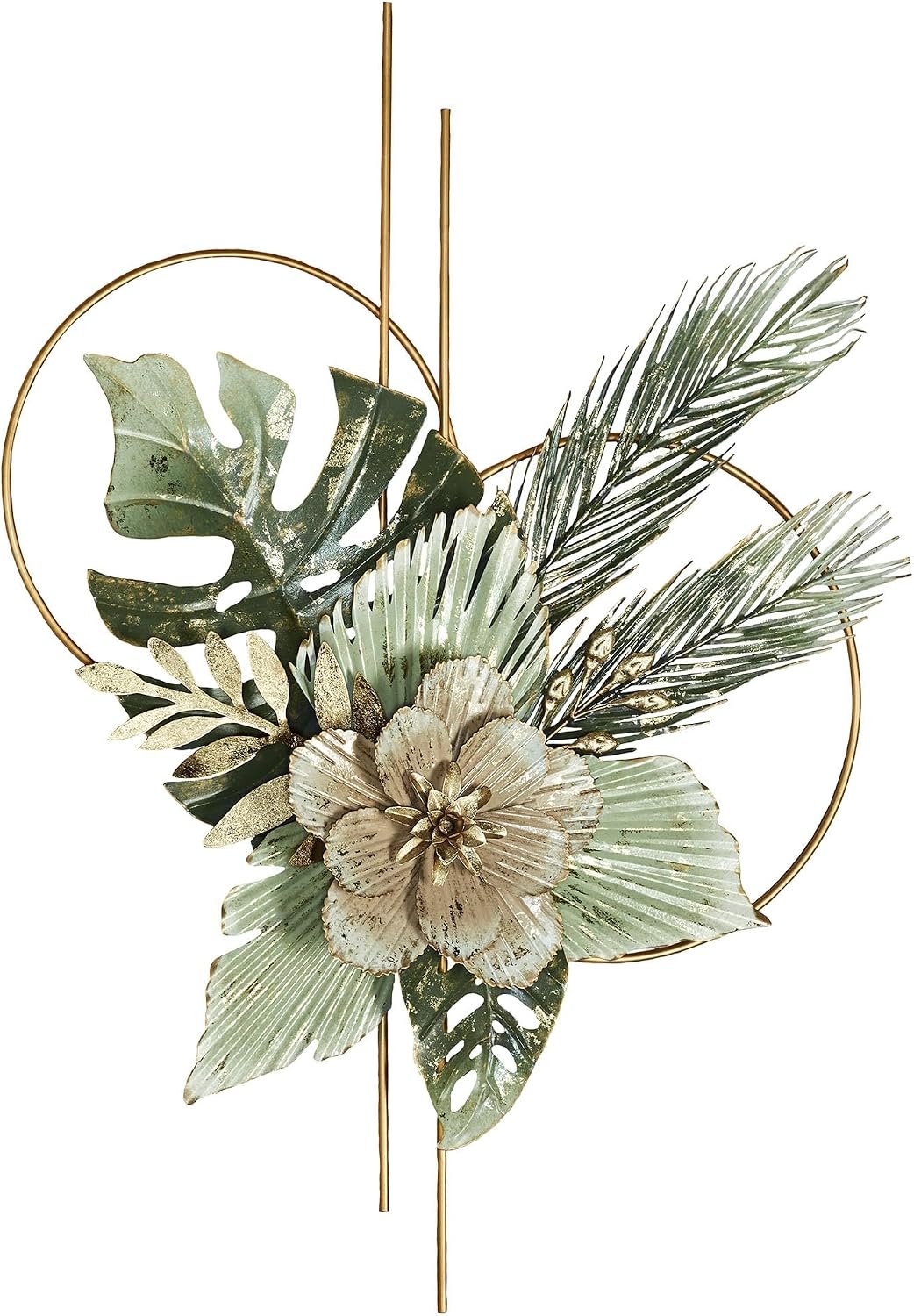 Exotic Garden Wall Art Sculpture | Hanging Tropical Openwork Wall Artwork | Leaf Leaves Botanical Palms | Metal | Hand Finished | Blush Ivory Green Gold | Flower | Home Accent | Modern | Dimensional