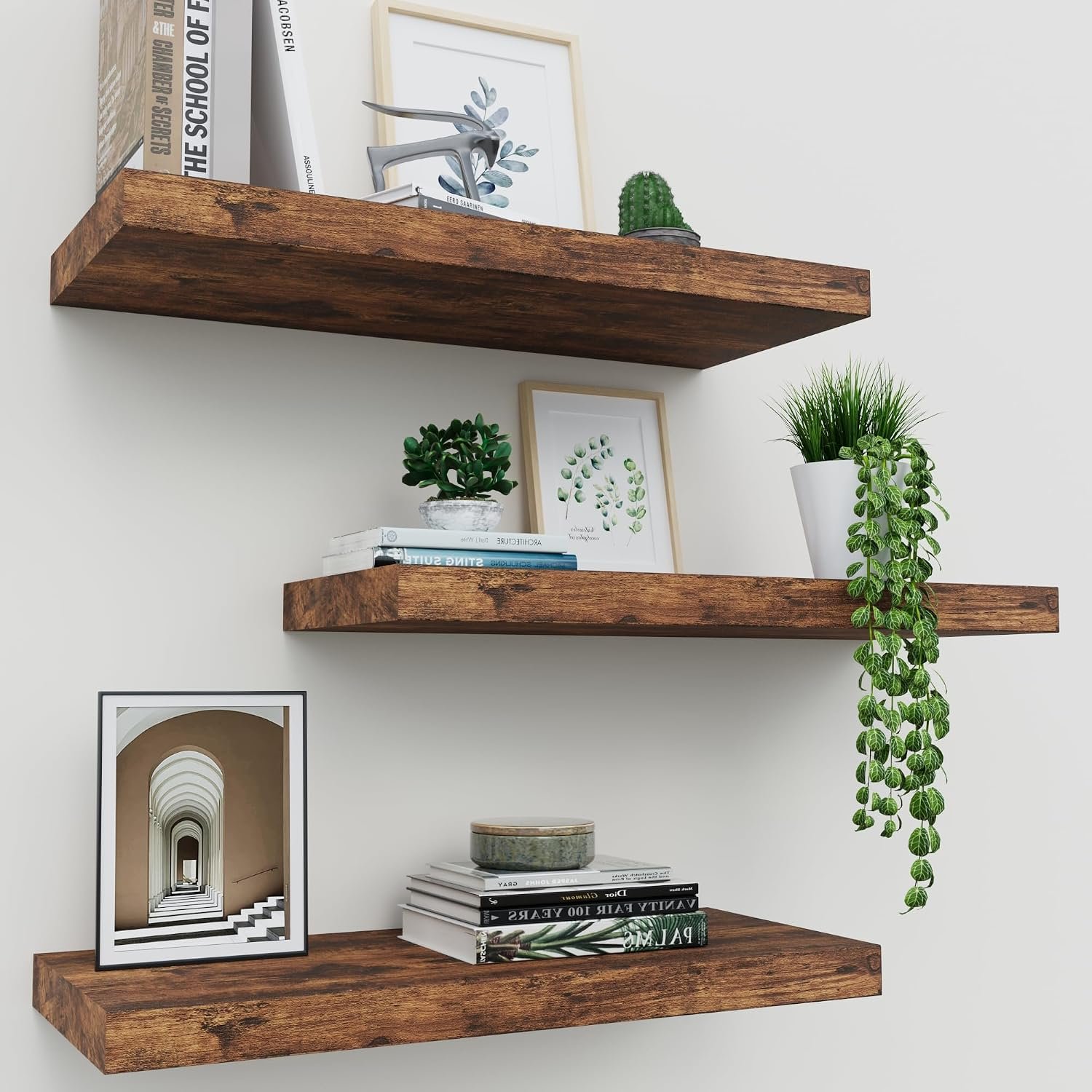 Floating Shelves for Wall Set of 3, 16″ Rustic Brown Floating Shelves