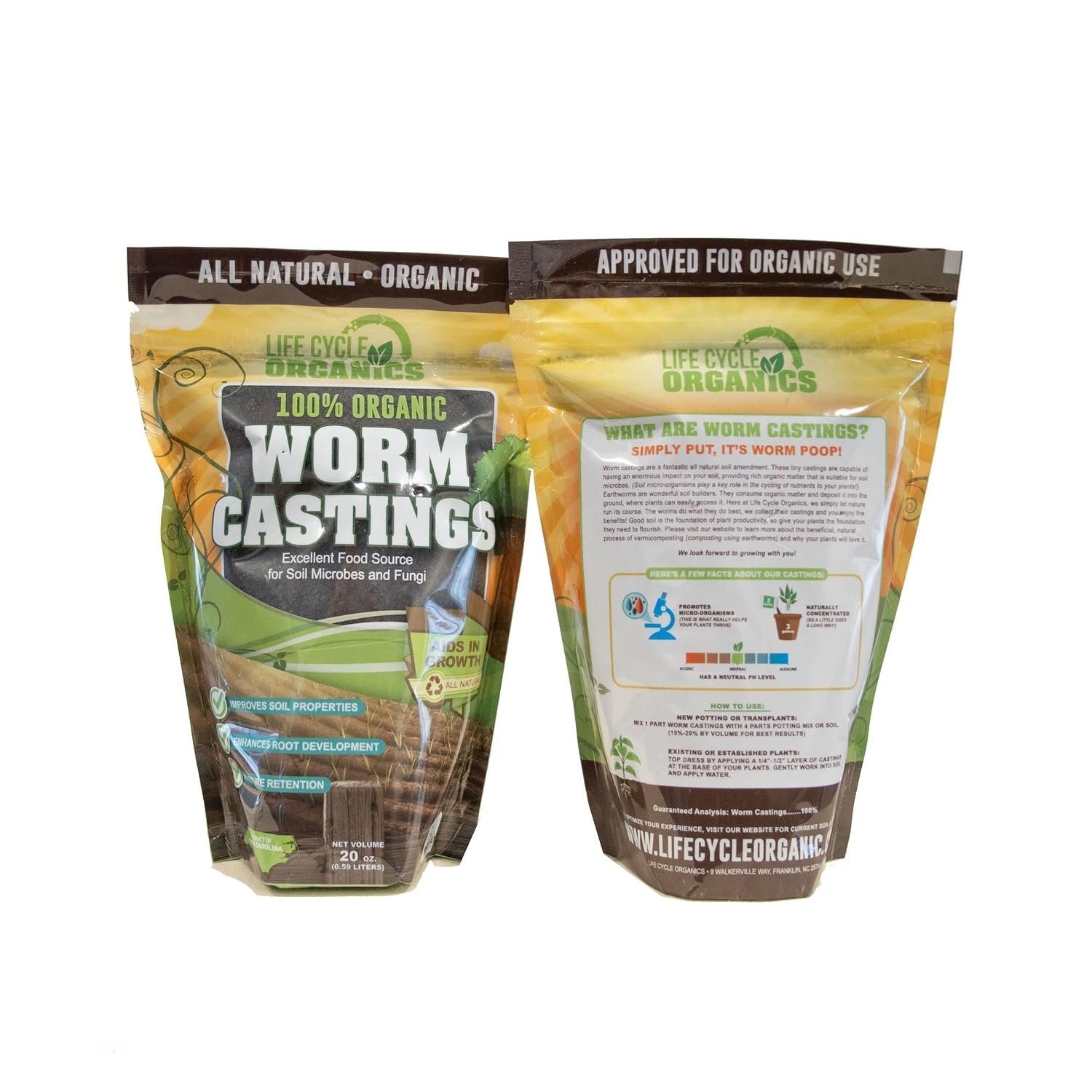 20 oz 100% Organic Worm Castings – Natural Superfood for Plant Growth, Root Development & Growing Healthier, Stronger Crops – Non Toxic & Kind to Soil – Resealable Zip Pouch – Life Cycle Organics