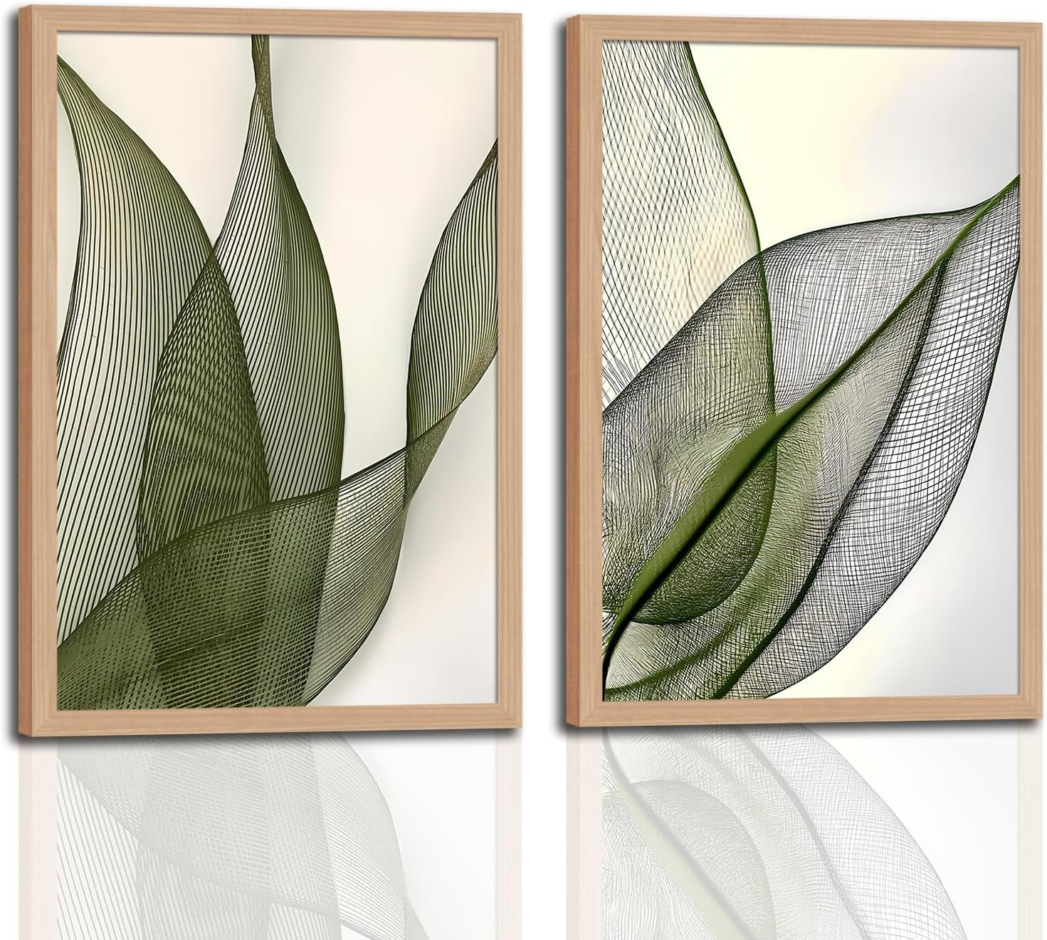 Green Leaf Wall Art Set of 2, Boho Botanical Framed Canvas Prints