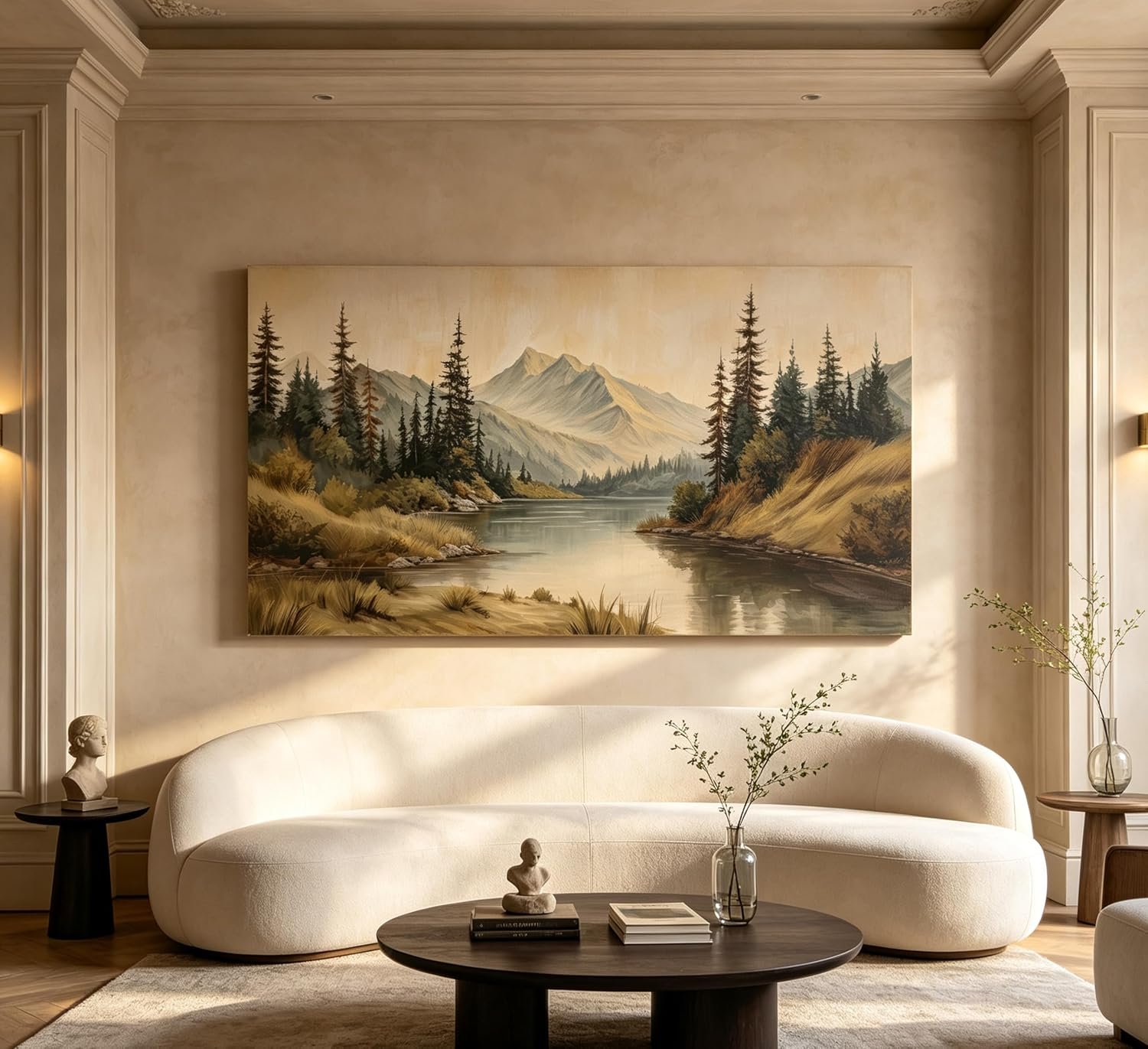ZAWUDVC Large Neutral Mountain Lake Wall Art, Pine Forest Landscape Canvas Print Poster, Rustic Nature Green Botanical Wall Decor for Living Room Bedroom, Earth Tone Forest Wilderness Art,