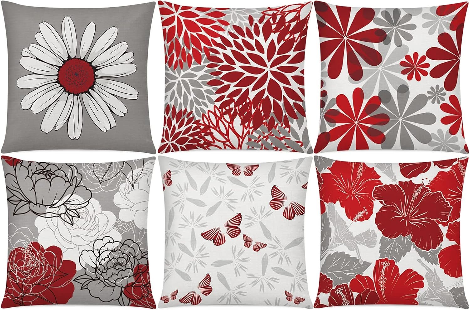 COMMINY Red Grey Pillow Covers 18×18 Set of 6 Decorative Burgundy Daisy Throw Pillow Cover for Couch Modern Farmhouse Cushion Pillow Case for Living Room Patio Home Decor