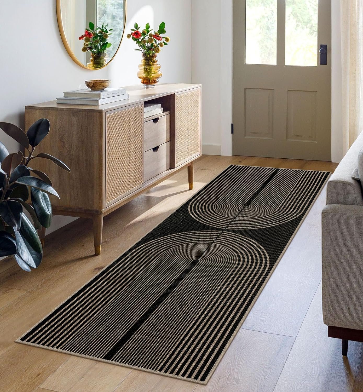 Rugalia Easy Jute Rainbow Runner Rug, 2×6 Black Washable Rugs Runner for Hallway Non-Slip Boho Farmhouse Kitchen Runner Rug, Modern Abstract Indoor Outdoor Carpet for Porch Laundry Entryway