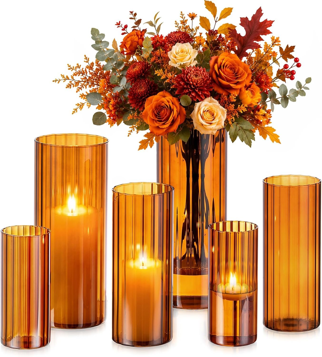 Glasseam Hurricane Glass Candle Holders, 6 Pcs Amber Ribbed Flower Vase Set