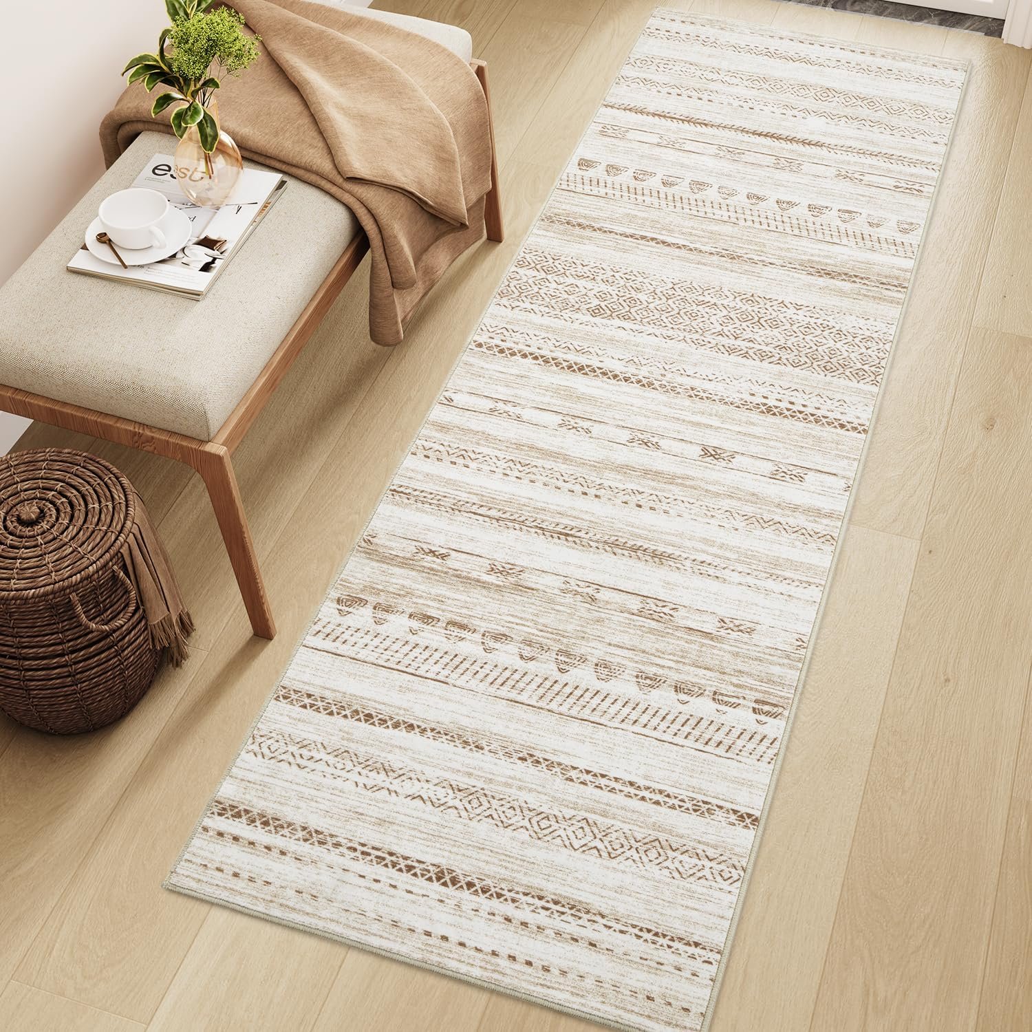 2×6 Runner Rug Machine Washable Non Slip Area Rug Distressed Neutral Moroccan Boho Rug Ultra Soft Floor Runners for Hallways for Entryway Laundry Room Kitchen, Light Brown