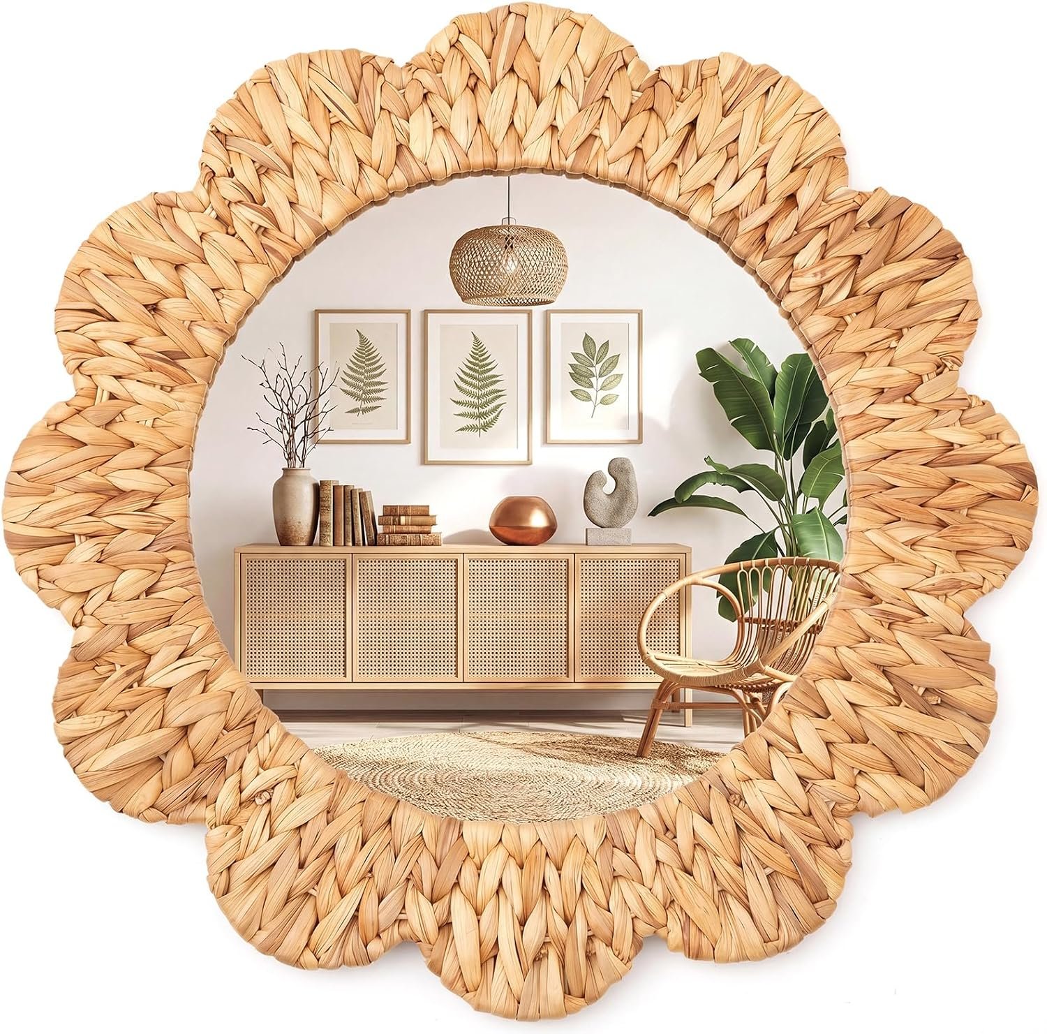 Sintuff Boho Wall Mirror Decorative, Handwoven Water Hyacinth, 24 Inch