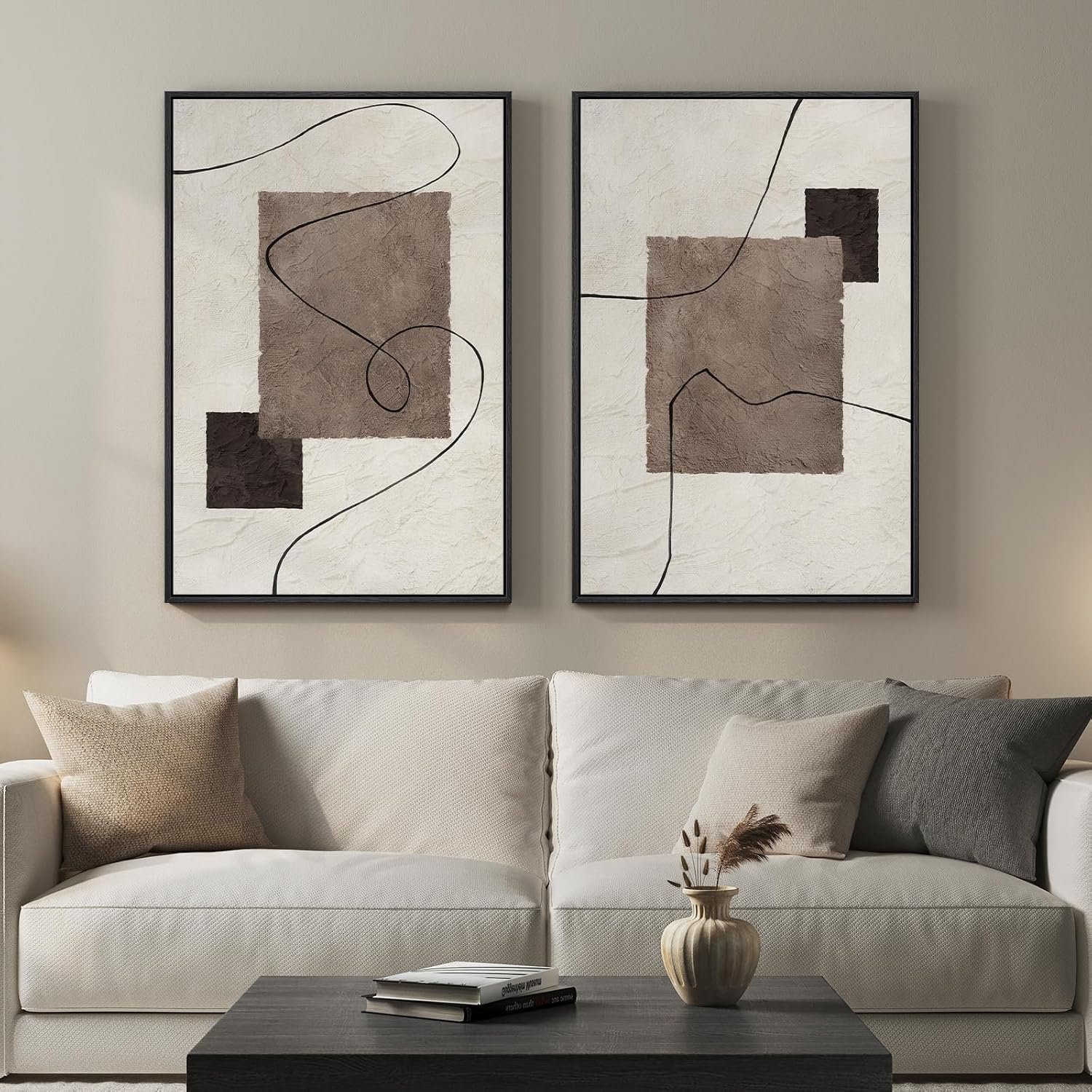 Framed Neutral Modern Abstract Geometric Wall Art for Living Room, 24×36 In