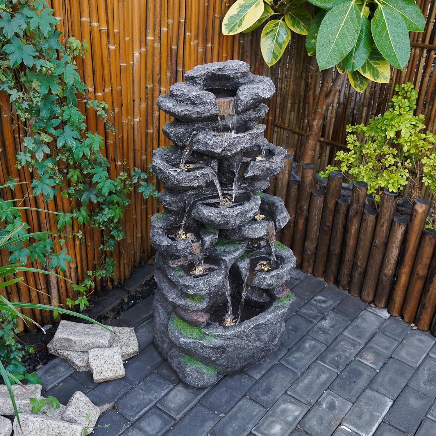 YZM 39.37″ H 7-Tiers Cascading Rock Water Fountain with LED Lights